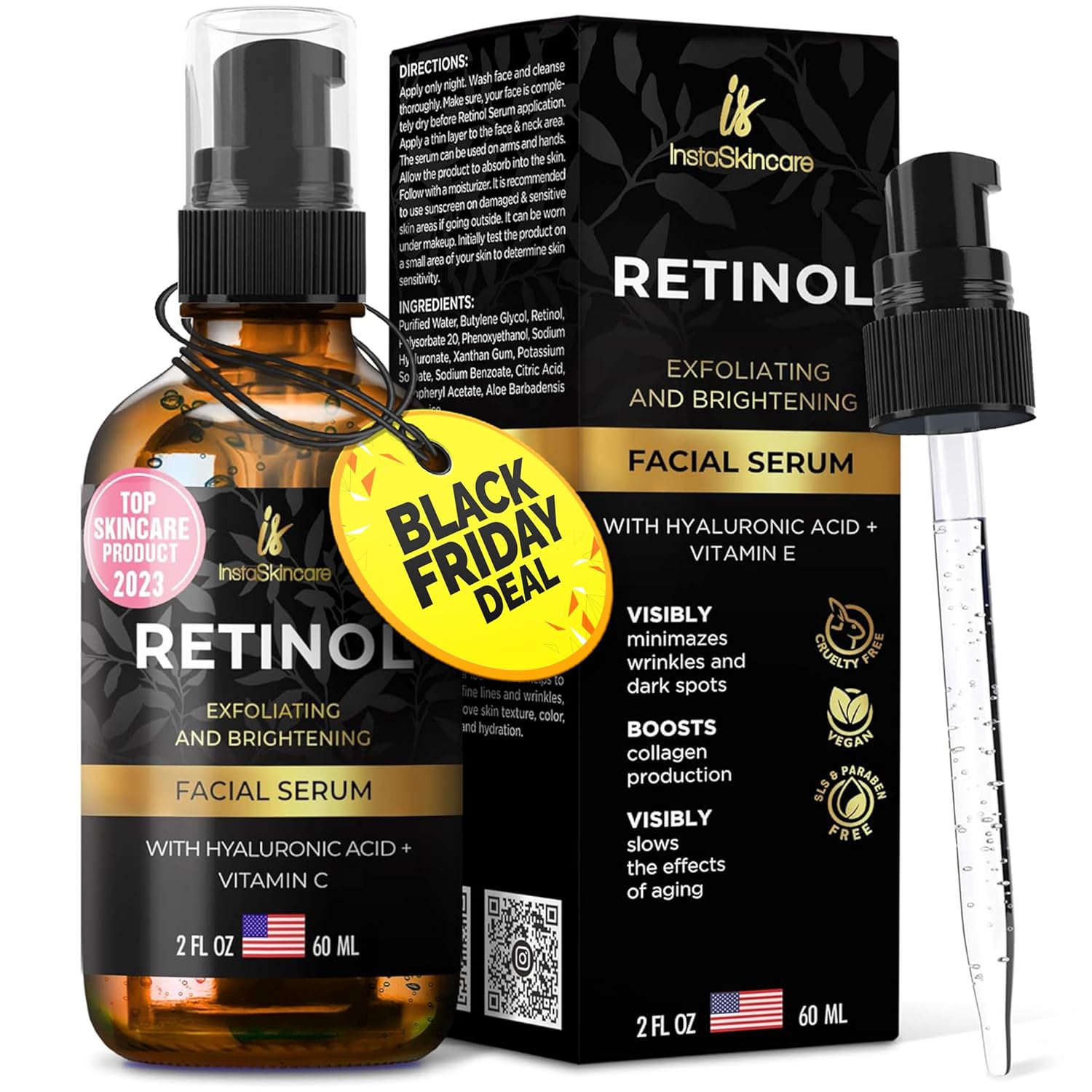DOUBLE SIZED (2Oz) Retinol Serum for Face with Hyaluronic Acid + Vitamin E and A + Aloe Vera Anti-Aging Serum Pore Tightener Fade Dark Spots Clinical Strength Formula by InstaSkincare