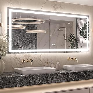 Keonjinn LED Bathroom Mirror 60 ” x 28 ” with Frontlit & Backlit, Lighted Mirror for Bathroom Wall with Stepless Dimmable 3-Color Lights, Large Anti-fog Mirror, HD Tempered Glass, UL-Listed LED Driver