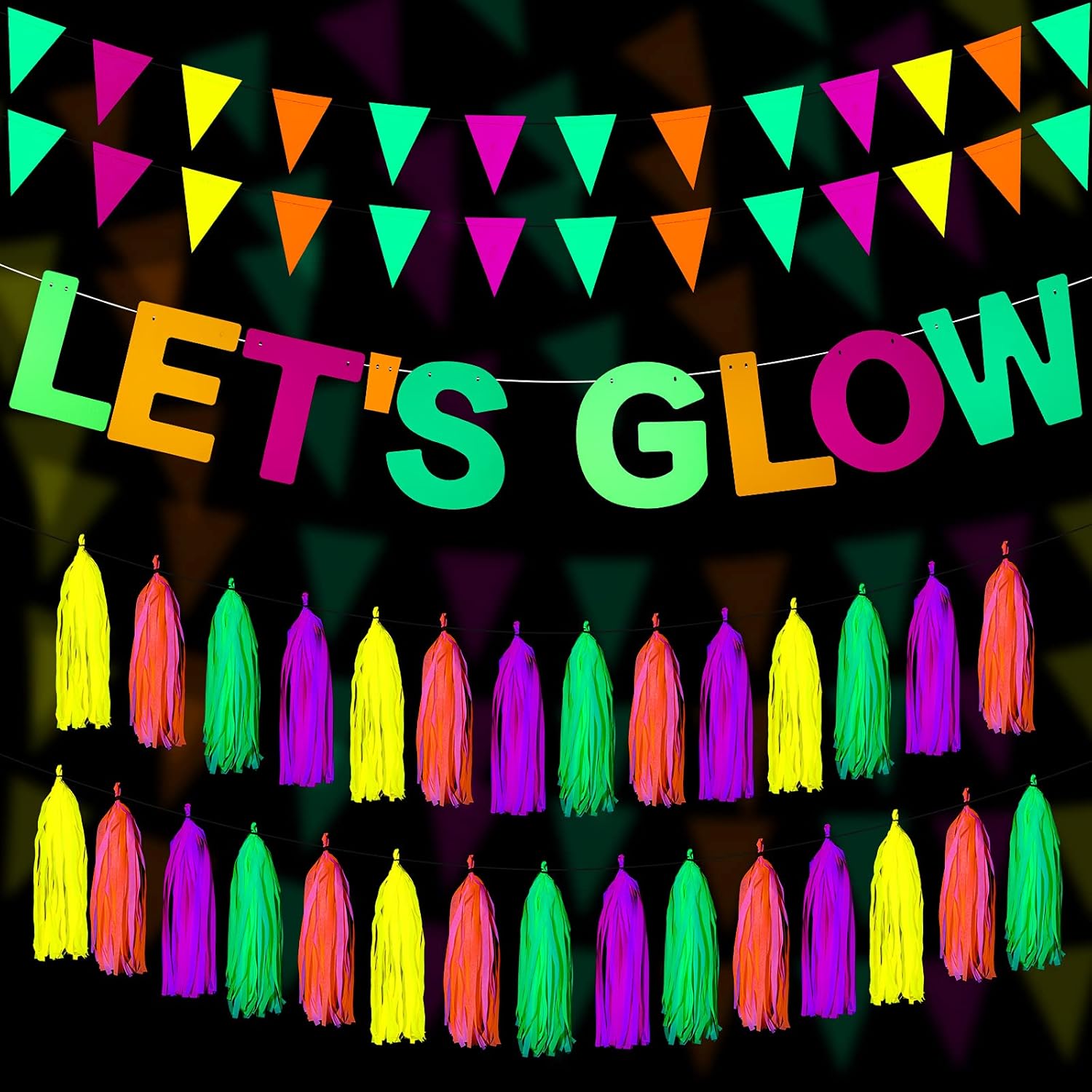 Outus Neon Party Supplies Includes Let's Glow Banner 20 Pieces Neon Paper Tassels and Neon Triangle Flag Glow in The Dark Party Supplies Bunting Party Hanging Decorations for Halloween Birthday Party
