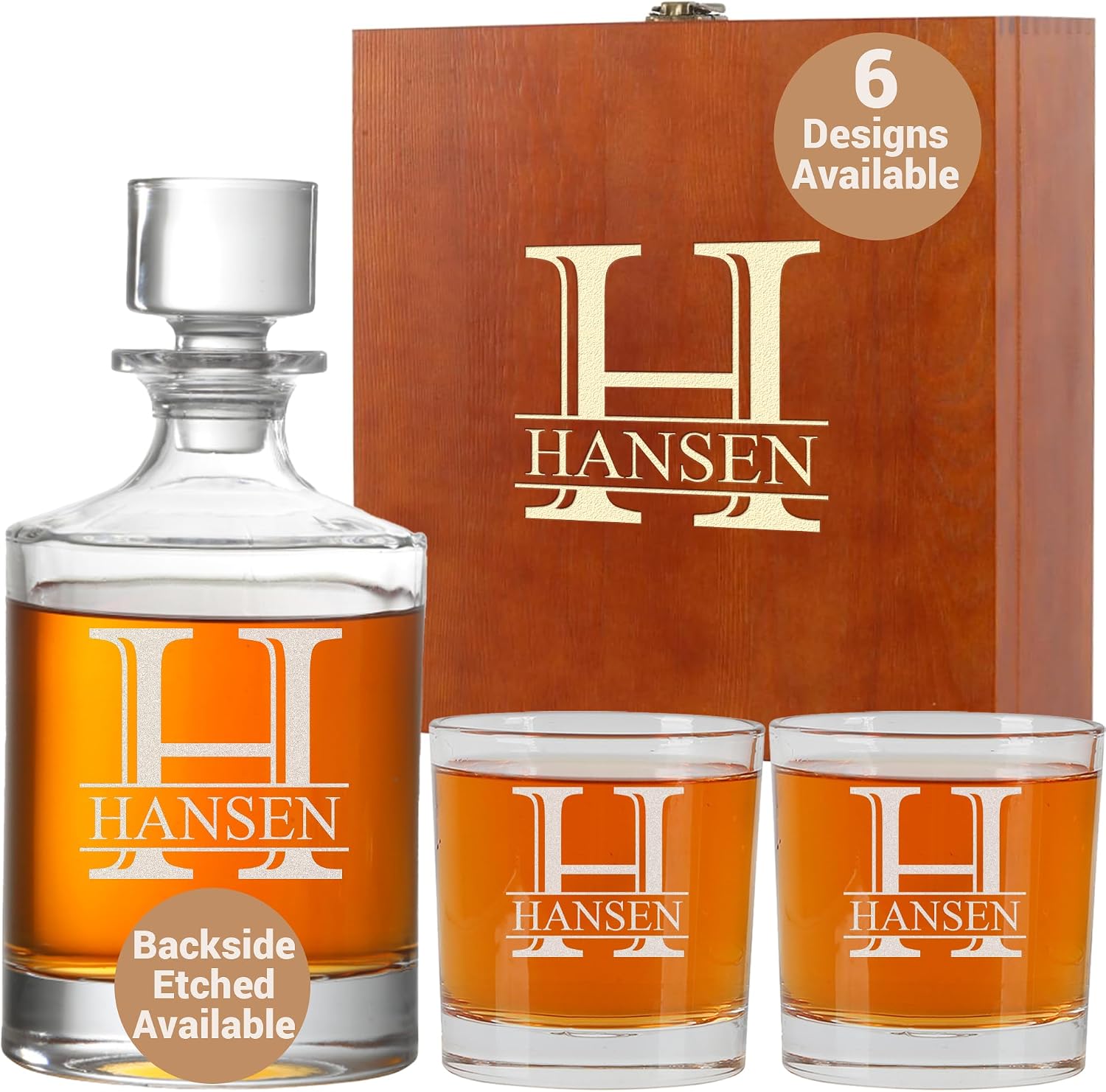 Personalized Whiskey Decanter Set with Wood Gift Box & 6 Design Options