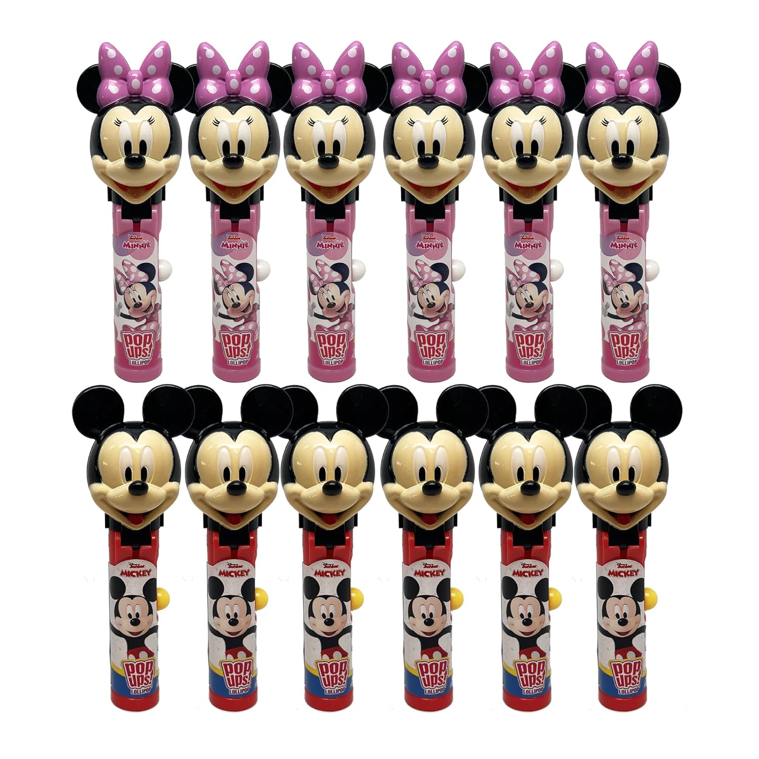 Pop Ups! Minnie & Mickey Mouse Lollipop Holder - 12 Lollipops with Cases - Individually Wrapped Candy Party Favors - Mickey Mouse Candy - Bulk Set of 12