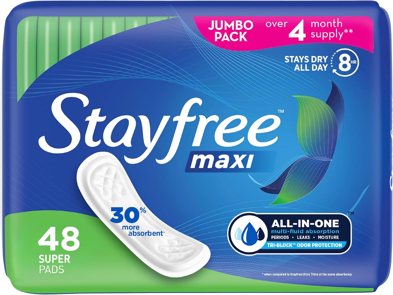 Stayfree Maxi Super Pads Wingless, Period and Postpartum, 48 ct