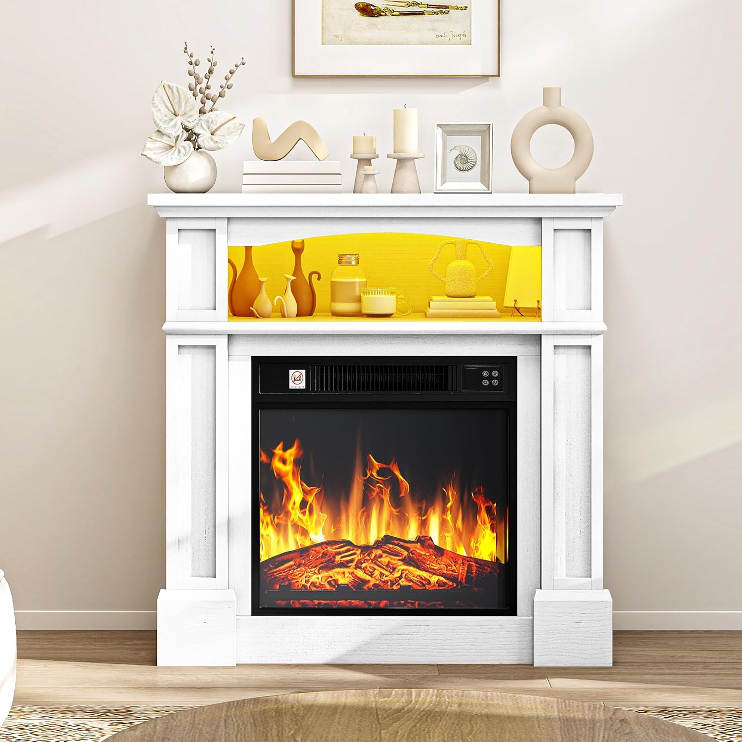 TAUS Fireplace with 32" Surround, White Electric Fireplace Free Standing with Realistic Flame Effect Fireplaces Heater, with Timer and 7 Color LED Light Strip and Remote Control