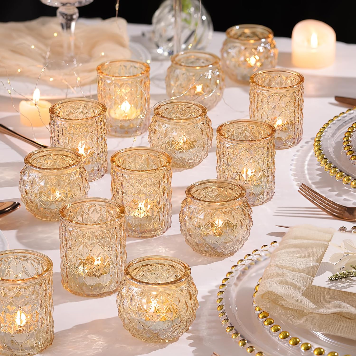 36pcs Assorted Gold Votive Candle Holders, Tea Light Candle Holder Glass for Diwali, Gold Candle Holders for Wedding, Table Centerpiece, Brithday and Holiday Decorations