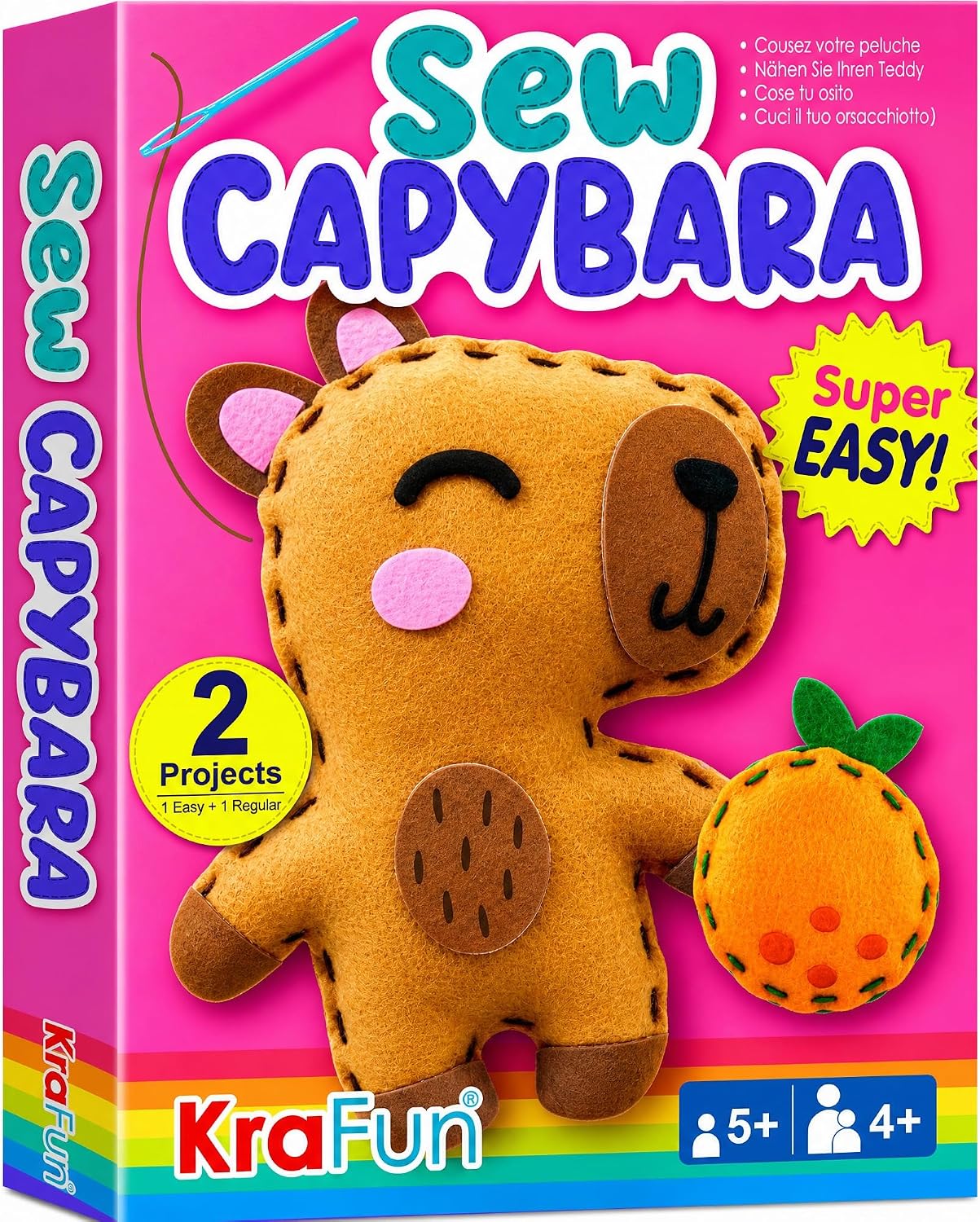 KRAFUN Beginner Sewing Kit, Sew Capybara & Orange, Pre-Cut Felt, Ages 5+