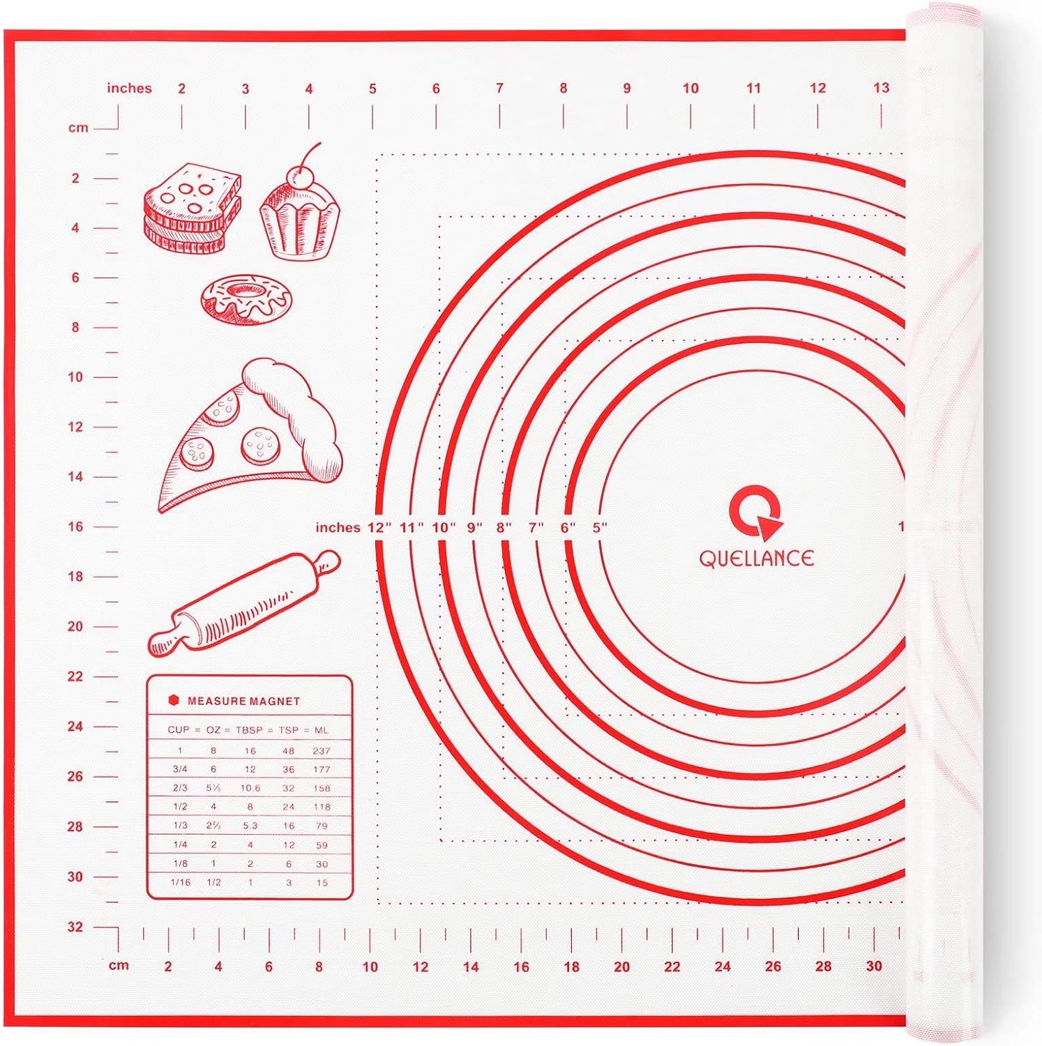 Silicone Pastry Mat for Baking, Baking Mat for Rolling Dough Non Slip Extra Large, Fondant Mat with Measurement, Kitchen Counter Mat for Pie Crust, Pizza and Cookies, Oven Liner Mat,16" x 24", Red