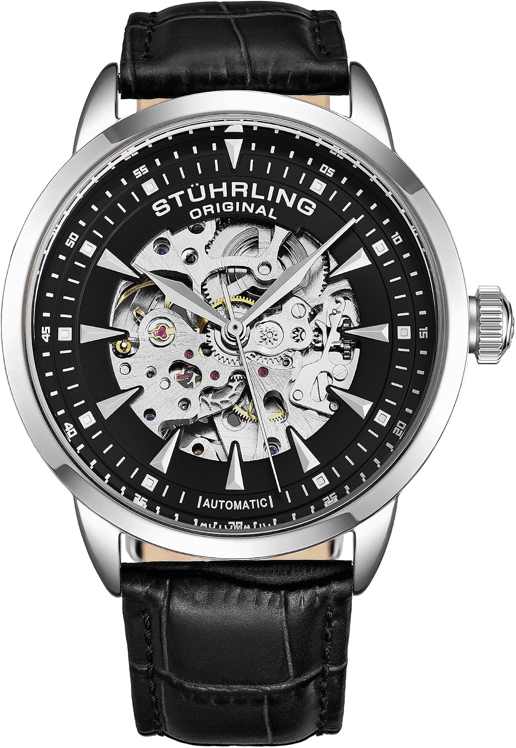 Stuhrling Original Mens Skeleton Automatic Dress Watch with Alligator Embossed Leather Strap Skeleton Dial