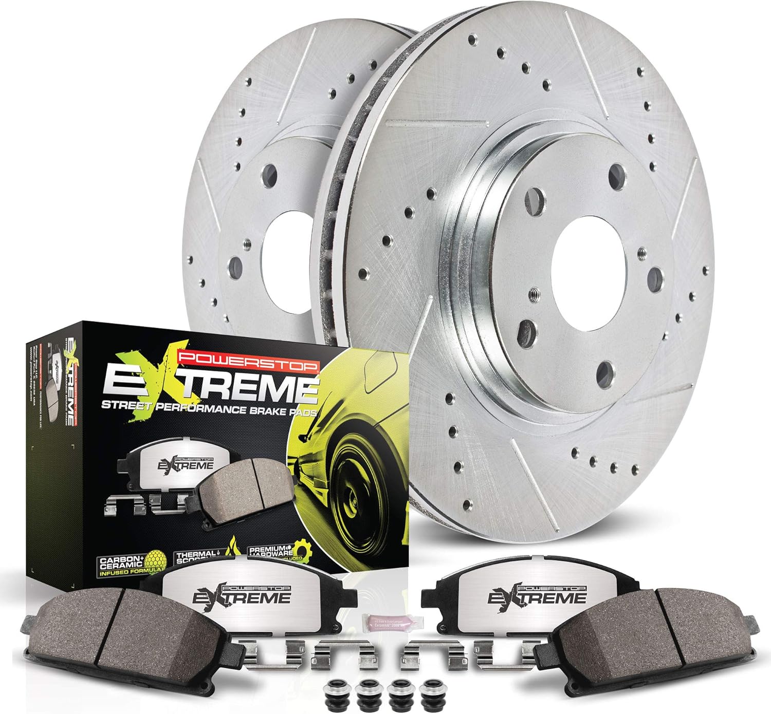 PowerStop Rear Brake Kit for INFINITI FX35 2009 - Carbon-Fiber Ceramic Z26 Brake Pads + Drilled & Slotted Rotors Upgrade, K9134-26