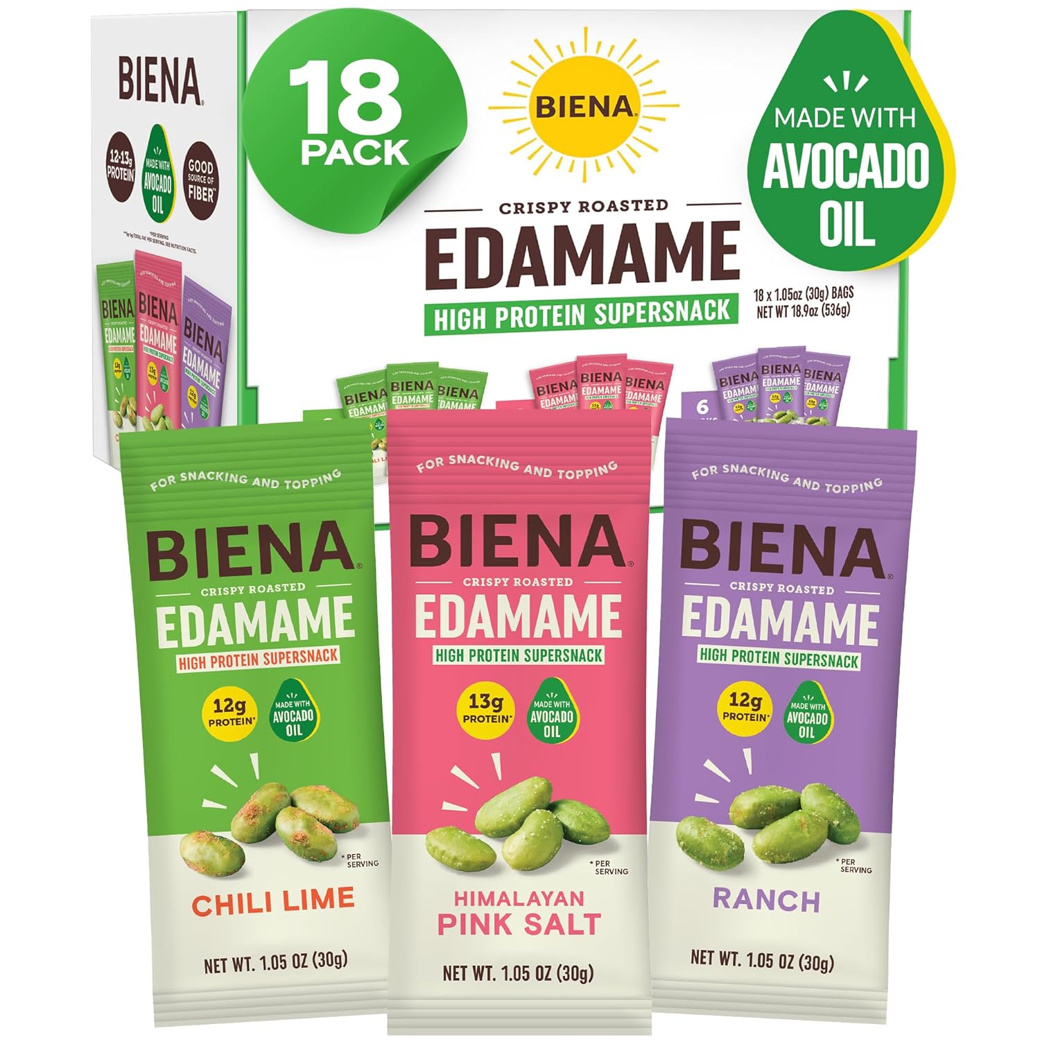 Biena Crispy Roasted Edamame Beans Snack – High Protein Low Carb Snack for Adults & Kids, 12g-13g Protein per Serving - Made w/Avocado Oil – Vegan, Gluten-Free – 18-Pack 1.05oz Variety Pack