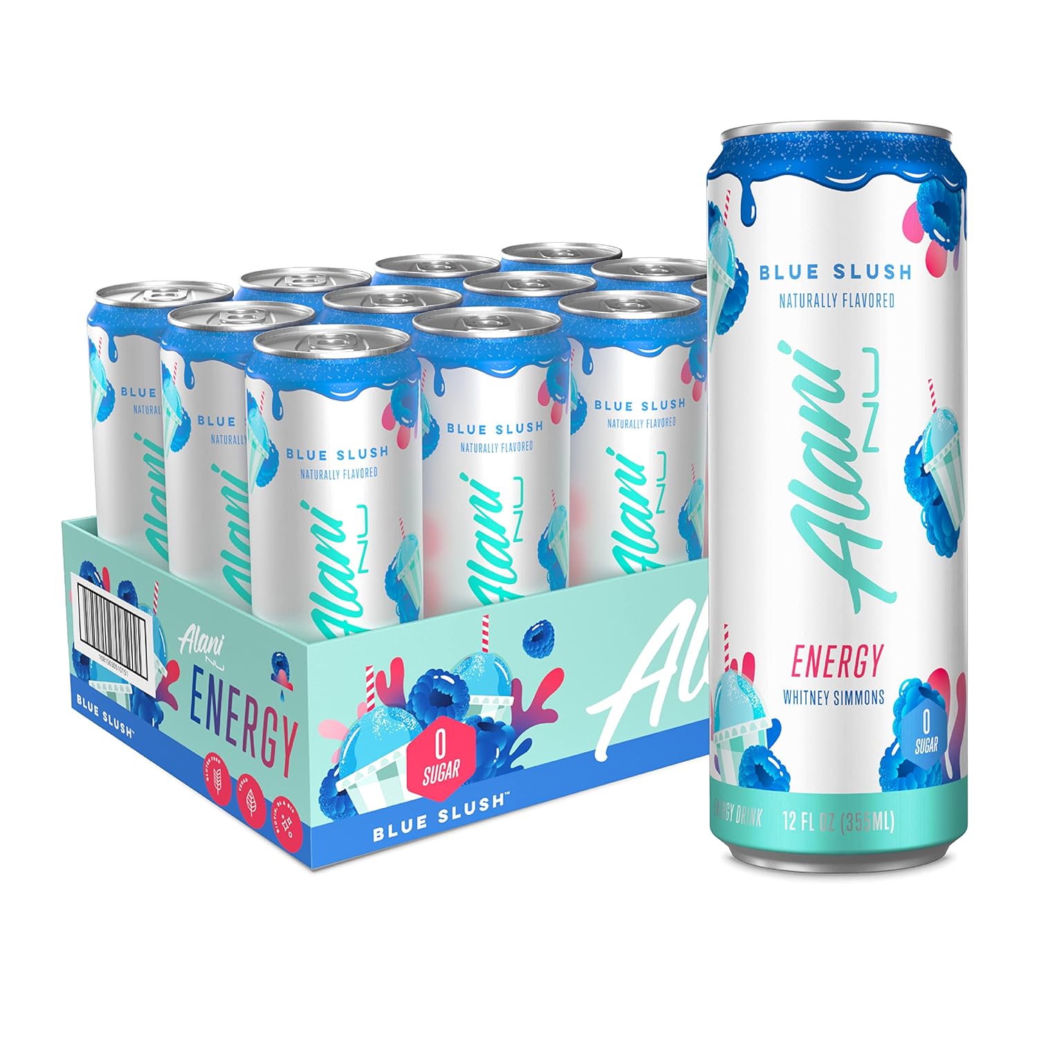 Alani Nu BLUE SLUSH Sugar Free, Low Calorie Energy Drinks | 200mg Caffeine | Biotin B Vitamins | Zero Sugar | 10 Calories | 12 Fl Oz Cans | 12 Pack