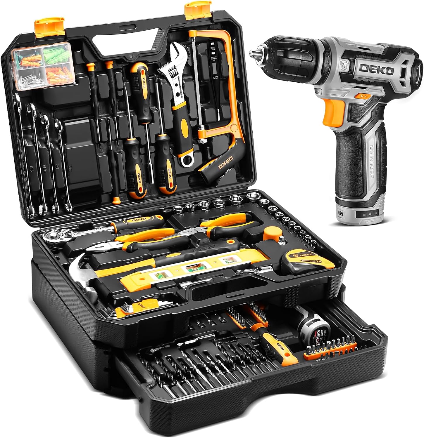 Tool Kit Box Drill Set:DEKO Home Mechanic Toolbox with 12V Power Cordless Drill Hand Repair Tools Sets Combo Kits Storage Organizer Drawer Case for Men