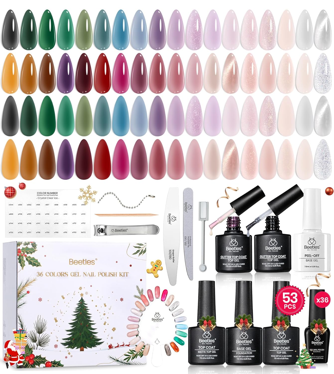 Beetles Frostglaze Veil Jelly Gel Nail Polish Set, 53PCS 36 Colors Christmas Gel Nail Kit Nude Pink Milky White Red Black Blue Green Silver Cat Eye Base Glitter Glossy Matte Top Coat Gift for Women