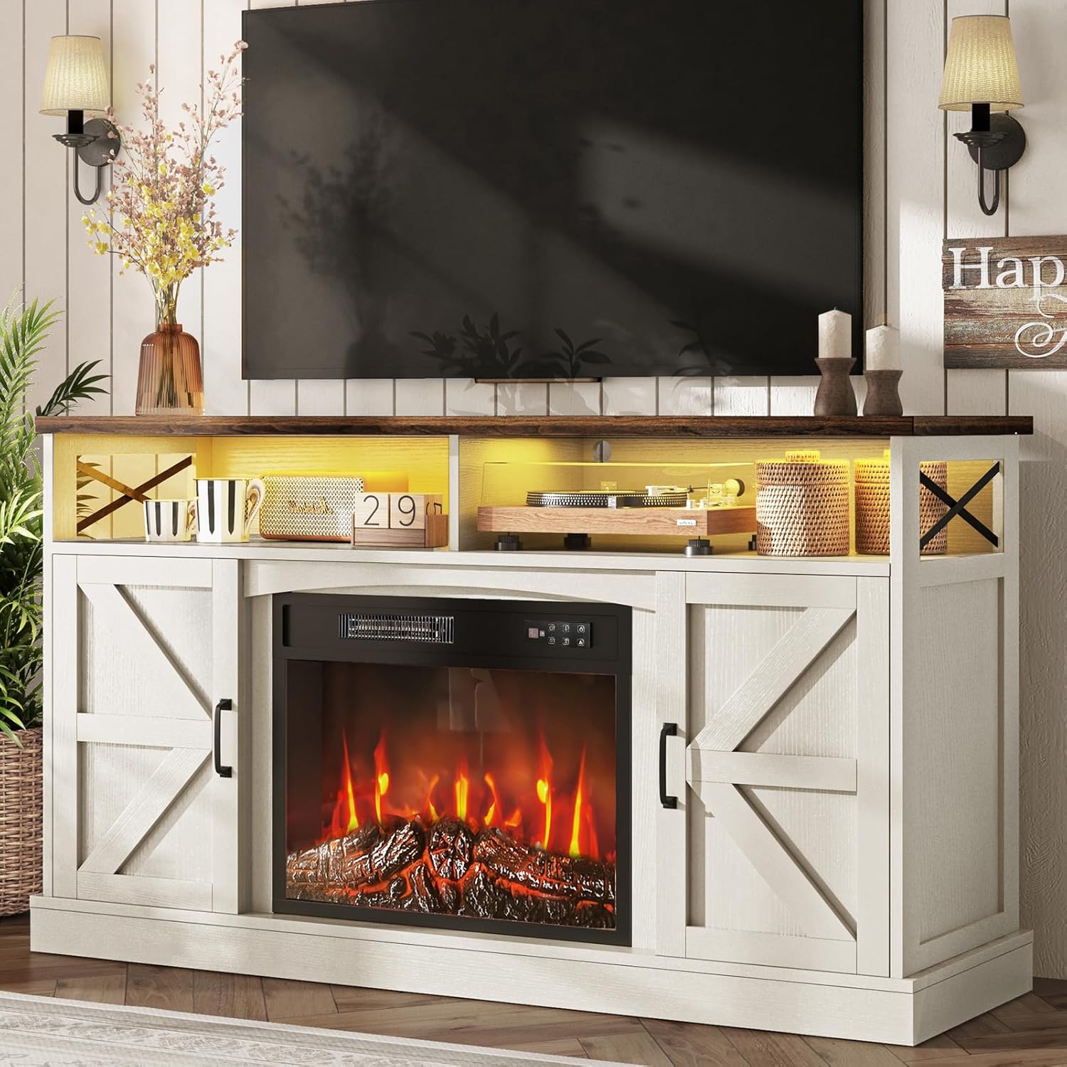 YGEOMER TV Stand with Fireplace, 59in Entertainment Center with LED Lights, for 65 inch TVs, with Opening Shelves and Storage Cabinets, for Living Room, White