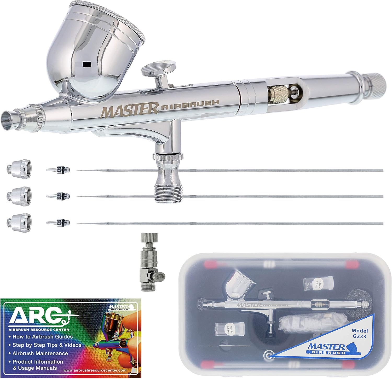 Master Airbrush G233 Performance Pro Airbrush Kit with 3 Nozzle Sets (0.2, 0.3 & 0.5mm Needles, Fluid Tips & Air Caps), Gravity Dual Action - Air Brush Guns for Painting, Aerografo Body Art & Cake