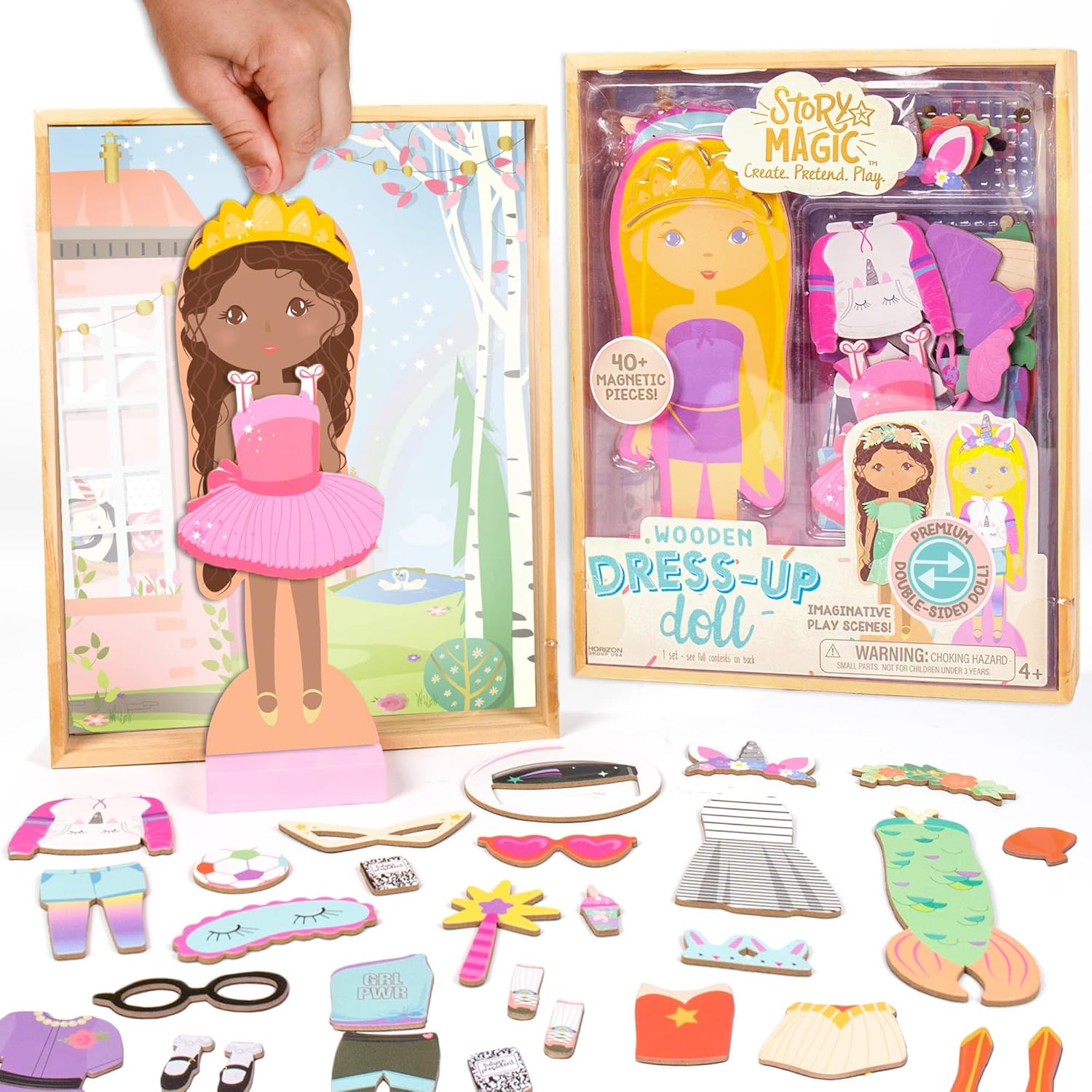 Horizon Group USA Story Magic Wooden Dress-Up Doll, Dress Up Magnetic Wood Double Sided Doll, Over 40 Outfit and Accessory Pieces, Creative Pretend Play, Perfect for Ages 4+