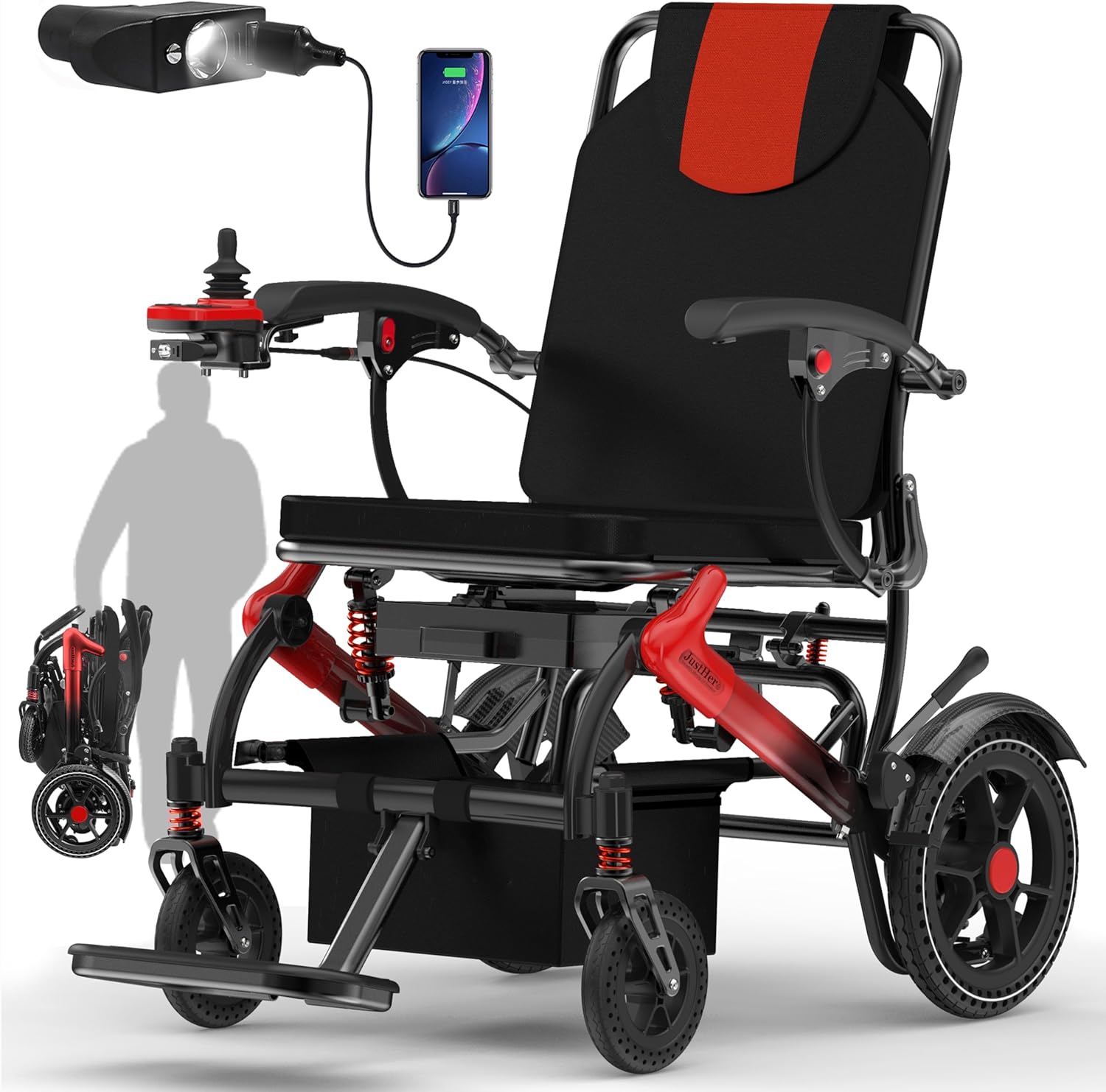Electric Wheelchairs for Adults Foldable 36LBS Lightweight, Airline Approval, 15 Miles Travel Range, Max Support 350 LBS, 500W Brushless Motors Power Motorized for Seniors& LED Light-Red Style