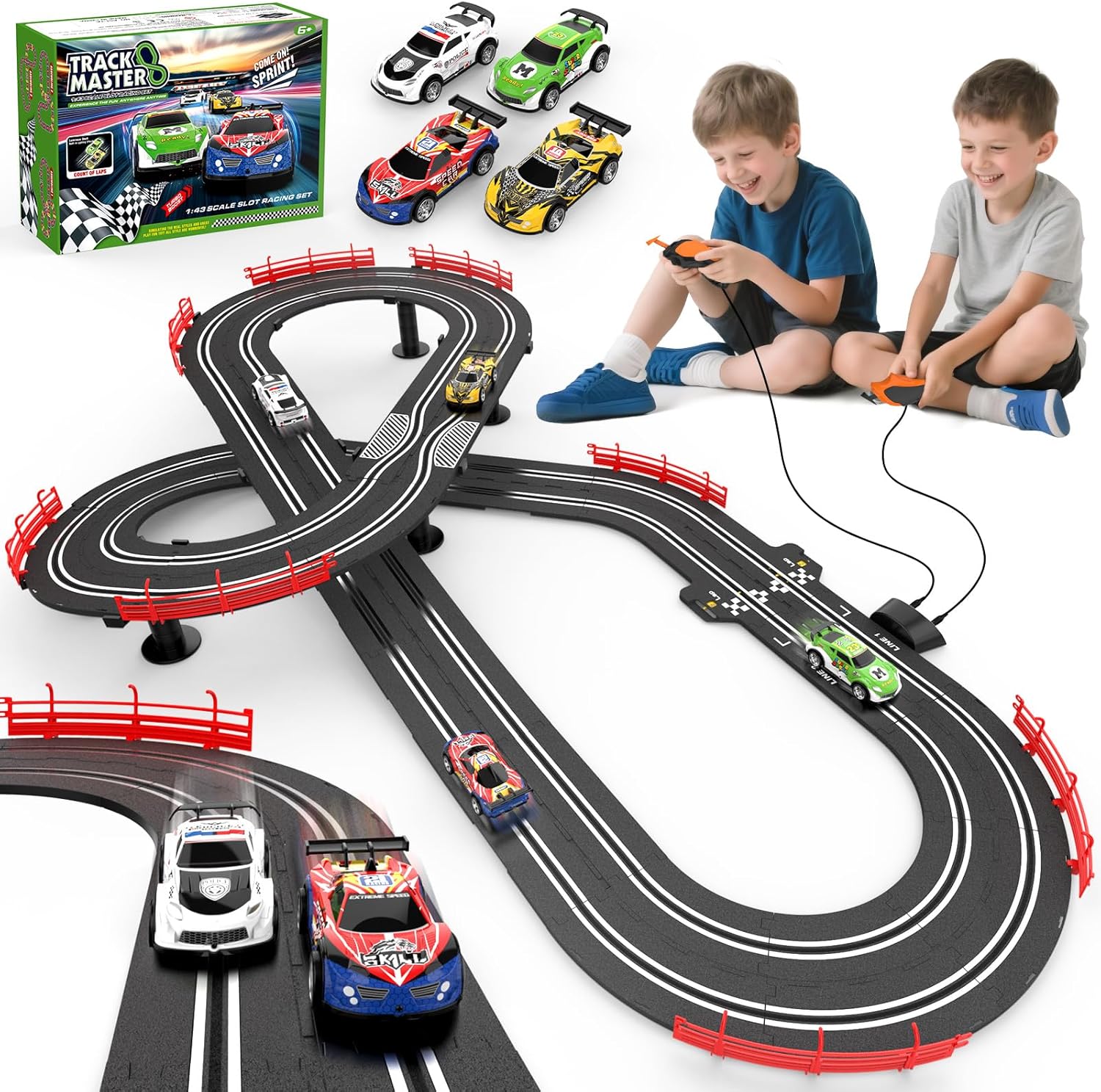 Slot Car Race Track Set Toy with 4 High-Speed Cars, 3 in 1 Electric Track, Dual Racing Game with Lap Counter & 2 Controllers, Circular Overpass Design Toy for Kids Ages 8-12.