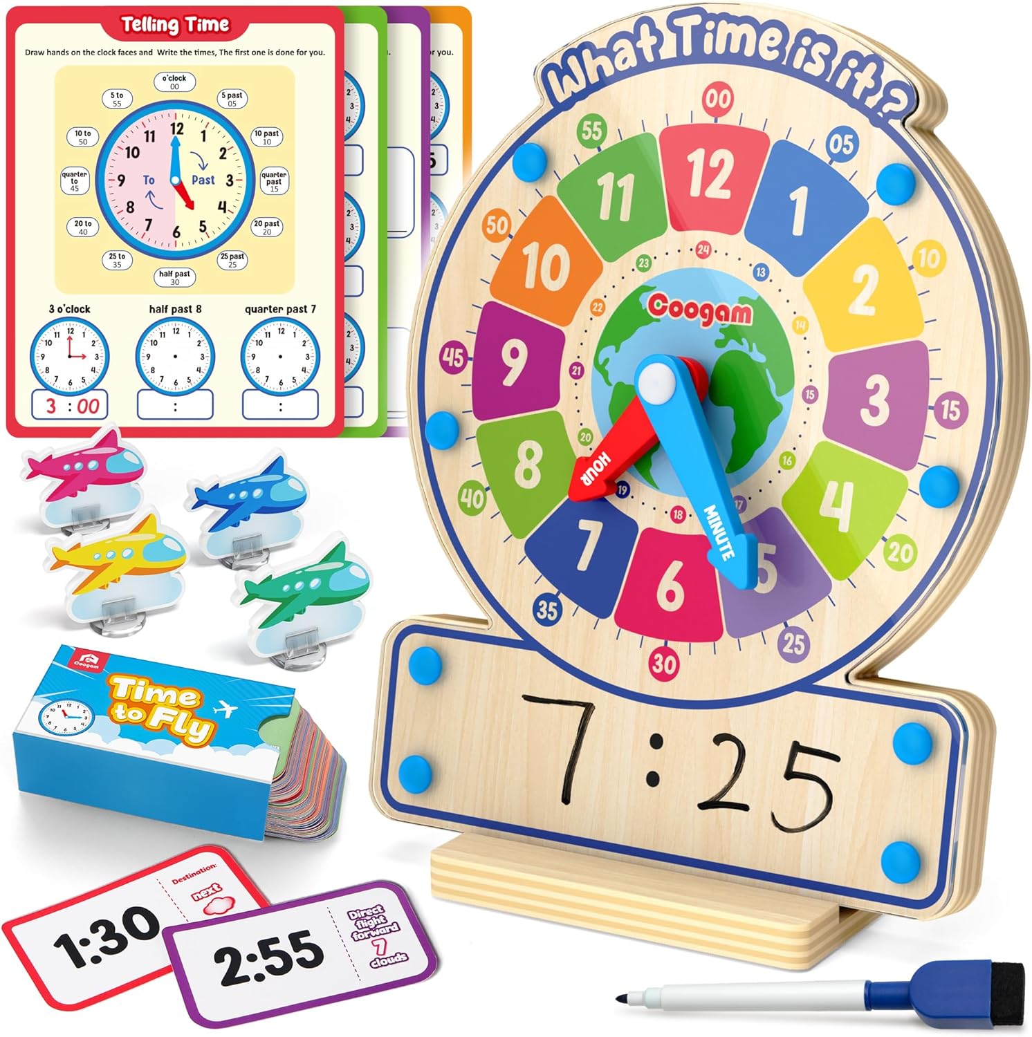Coogam Wooden Clock Teaching Time Toy, Analog Digital Clock with Fly-Telling Time Board Game, Montessori Time Learning Educational Toy for 3 4 5 Year Old Homeschool Classroom Kids