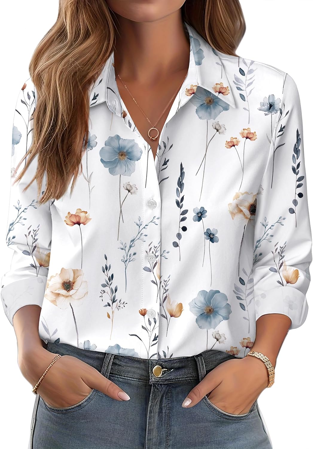 Zeagoo Button Down Shirts for Women Dressy Floral Printed Long Sleeve Blouse Business Casual Work Tops