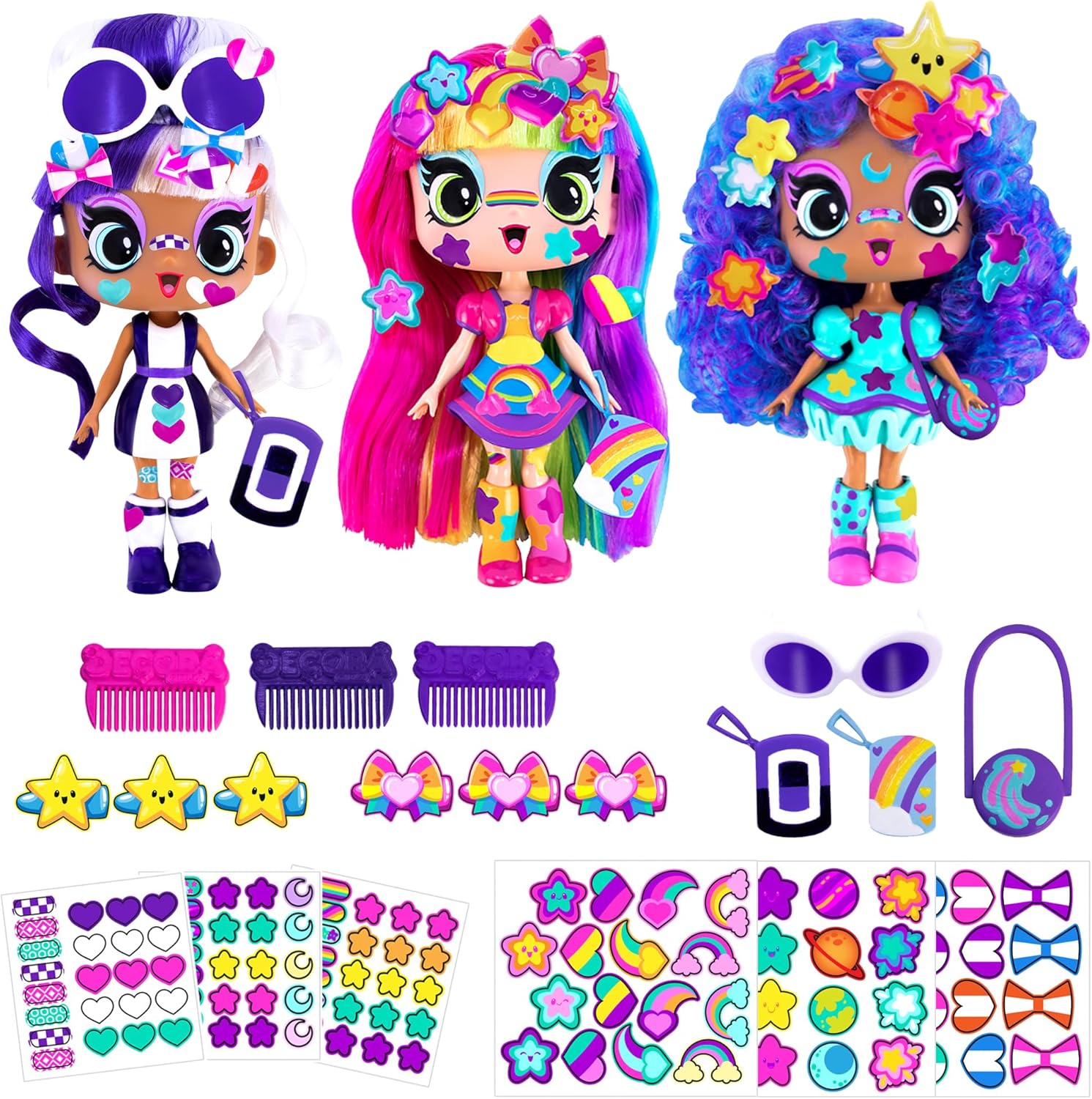 DECORA GIRLZ 5" Dolls -3 Pack A - Decora, London and Celestia | Fashion Dolls for Ages 4 and Up | Surprise Birthday Gift for Children | Set of Doll Clothes, Stickers, Dolls & Accessories