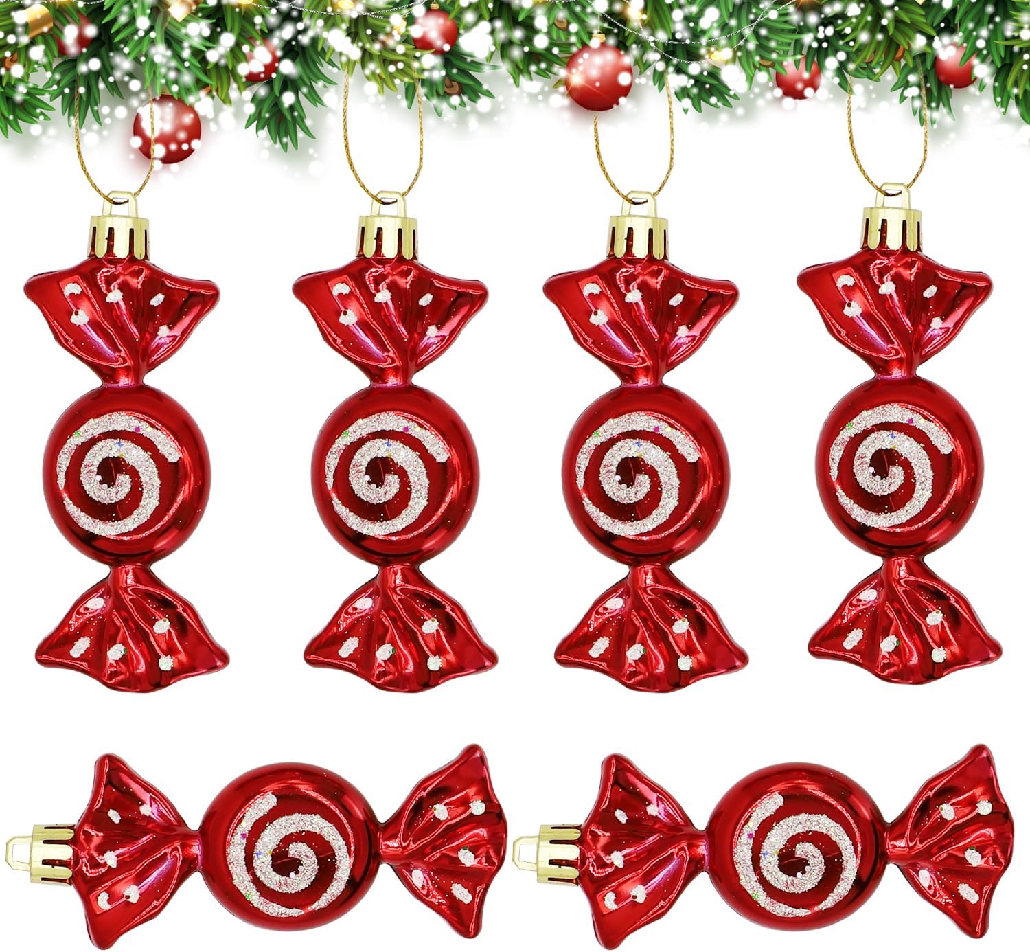 Christmas Candy Ornaments, 6 Pieces Christmas Tree Candy Hanging Decorations Red Glitter Candy Cane Ornament Sweet Shaped Baubles Hanging Pendants for Xmas Party Home Decor A7TGGJ (red)
