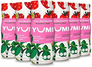 YUMI Organic Rice-Free Puffs, No Sugar Added, Gluten-Free, Non-GMO Baby Snack Puffs, School Safe for Daycare and Lunchboxes (Strawberry Basil)