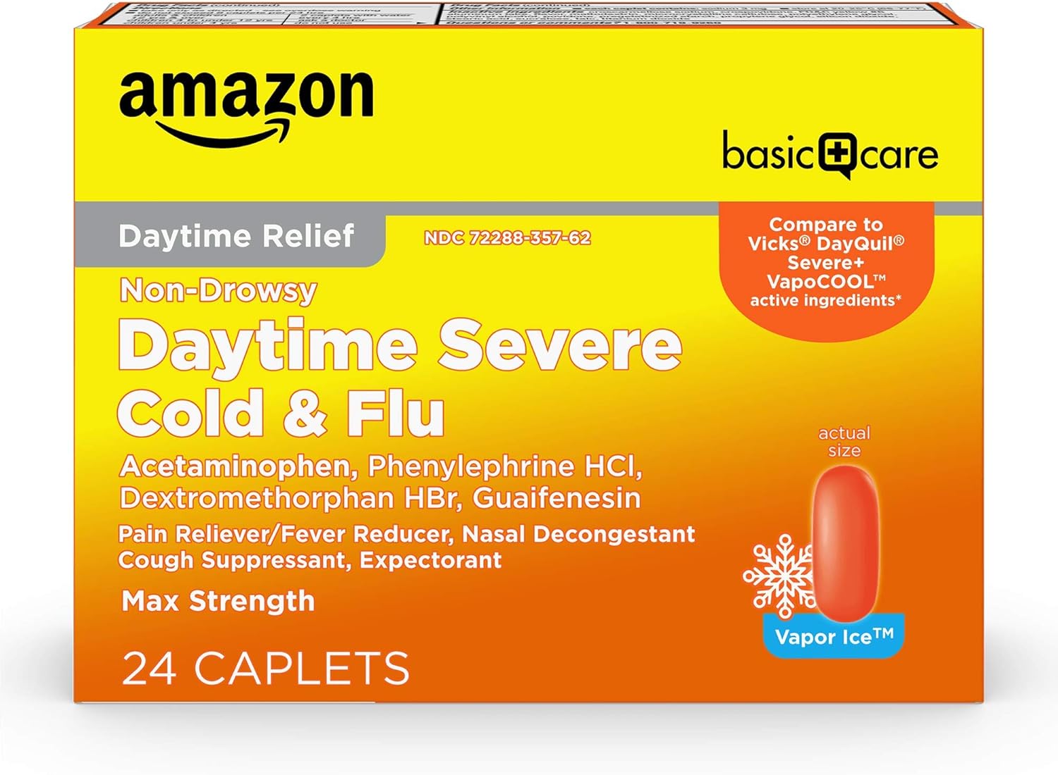 Amazon Basic Care Daytime Severe Cold & Flu Relief Caplets, Cold Medication for Severe Cold and Flu Symptoms Like Headache, Fever, Coughing, Chest & Nasal Congestion, Vapor Ice, 24 Count