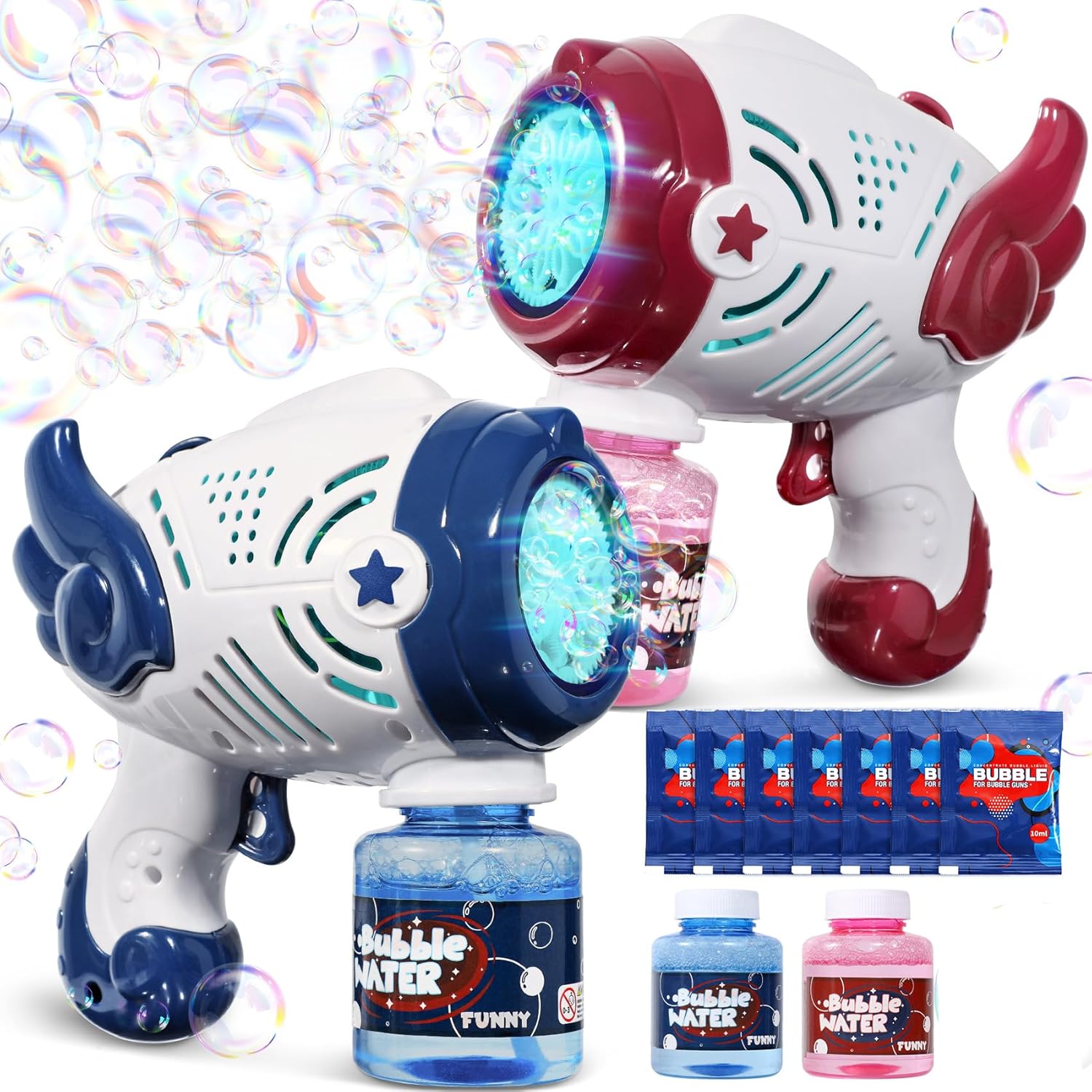 Roberly Bubble Guns for Kids Ages 4-8, 2 Pack Rechargeable Bubble Machine Blower with 2 Bottles 20 Bags Solution LED Light, Boys Girls Birthday Gifts Summer Party Favor Basket Stuffers
