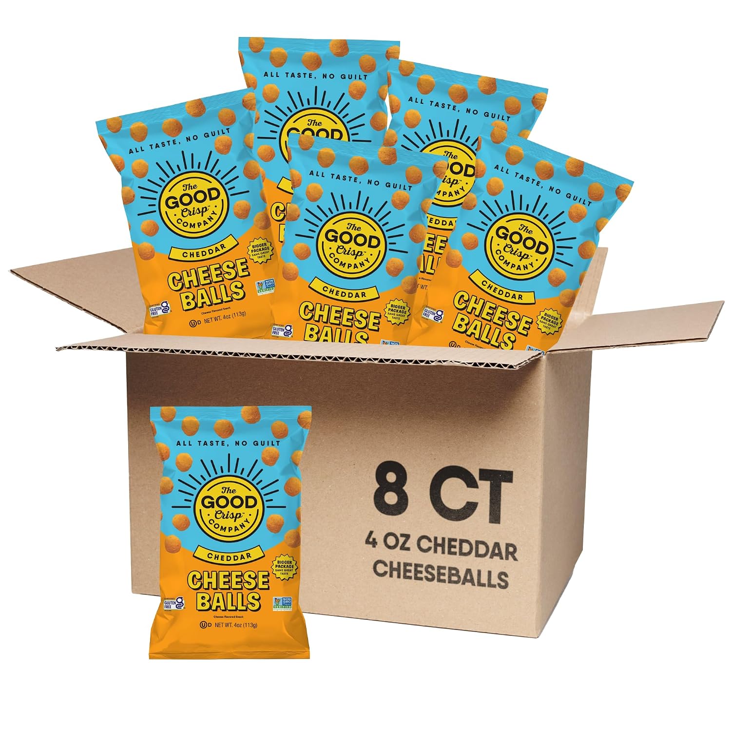 The Good Crisp Company Cheddar Cheese Balls, 4 oz bags, Pack of 8