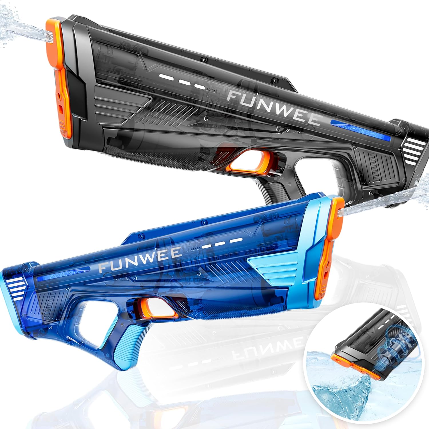 Funwee 2 Pack Electric Water Gun for Adults Kid, Powerful Automatic Squirt Gun, High Powered Shooting 100+ Times, Long Range Auto Water Blaster, Pool Outdoor Water Toy(Transparent Black+Blue)