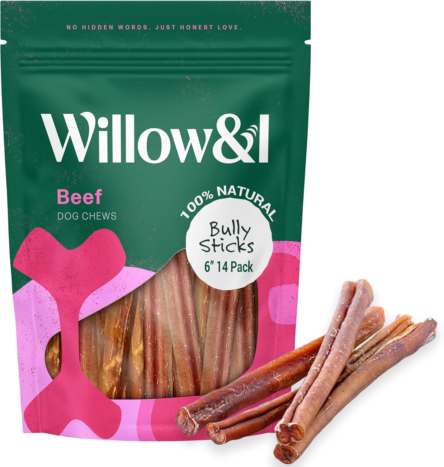 Willow & I Bully Sticks for Dogs -6 Inch Natural Bully Sticks for Medium Dogs, Small & Large- Premium 100% Grass Fed, Single Ingredient, Long Lasting, High Protein-Grain & Rawhide Free (6", 14 Pack)
