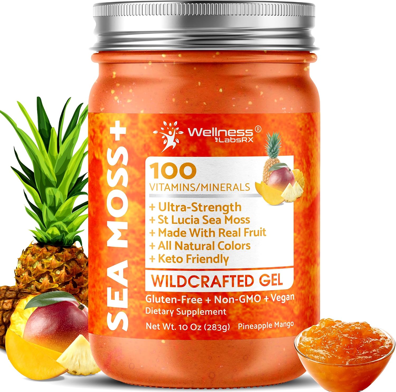 Irish Sea Moss Gel Superfood, Wildcrafted Seamoss, Pineapple Mango, 10 oz