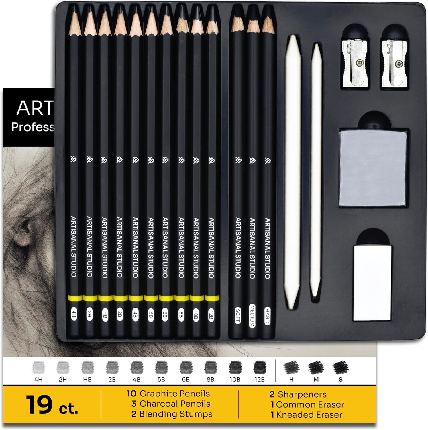 ARTISANAL STUDIO Drawing Pencils, (12B to 4H) 10 Graphite, 3 Charcoal Sketching Pencils, Blending Stumps, Erasers & Sharpeners for Drawing, Sketching, Shading, Drafting and Illustrations