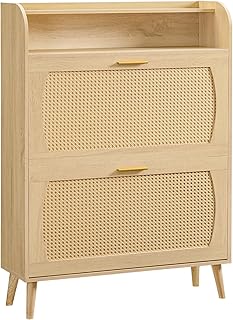 HOOBRO Rattan Shoe Cabinet, Shoe Storage Cabinet with 2 Flip Drawers, Shoe Cabinet Storage for entryway, Shoe Organizer Cabinet with Adjustable Shelves, for Hallway, Living Room, Natural NN80SC01