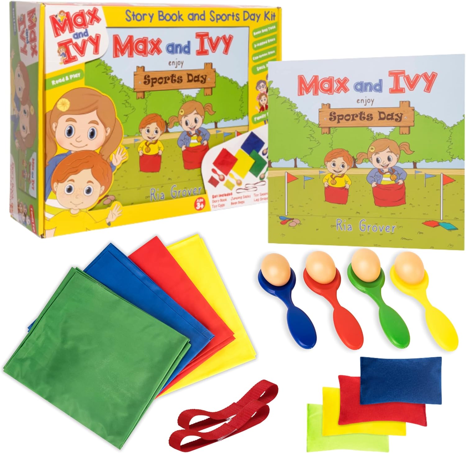 Max and Ivy enjoy Sports Day – 18-Piece Indoor Outdoor Games Set for Children Ages 3-7 – Bean Bag Toss, Egg & Spoon Race, Sack Race – Educational Read & Play Concept