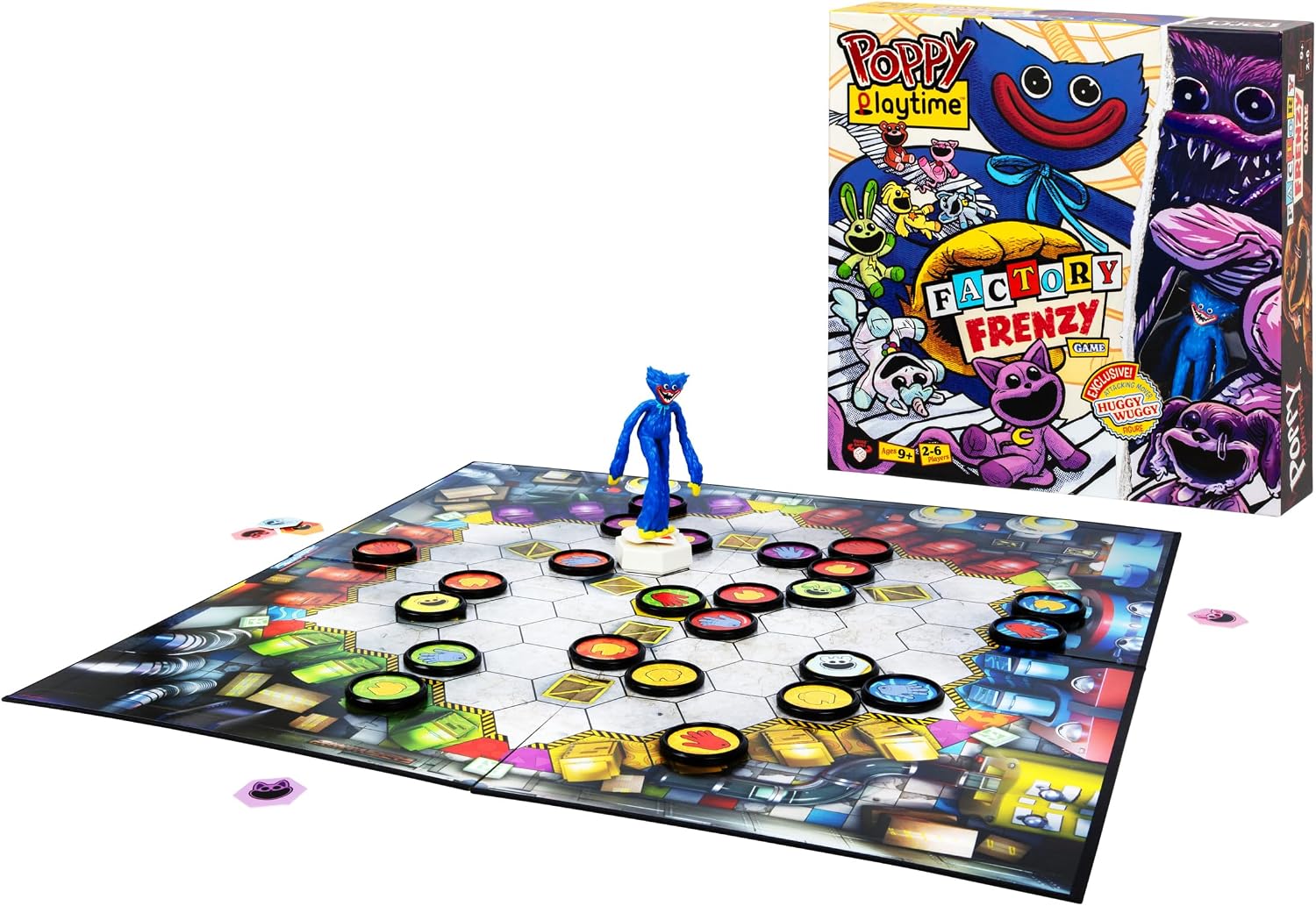 Poppy Playtime Factory Frenzy Game, Exclusive Huggy Wuggy Attacking Mover Spins, Points and Chases Players Around The Board. Use Your Wits As You Grab Toys and Try to Escape, for 2-6 Players Aged 9+
