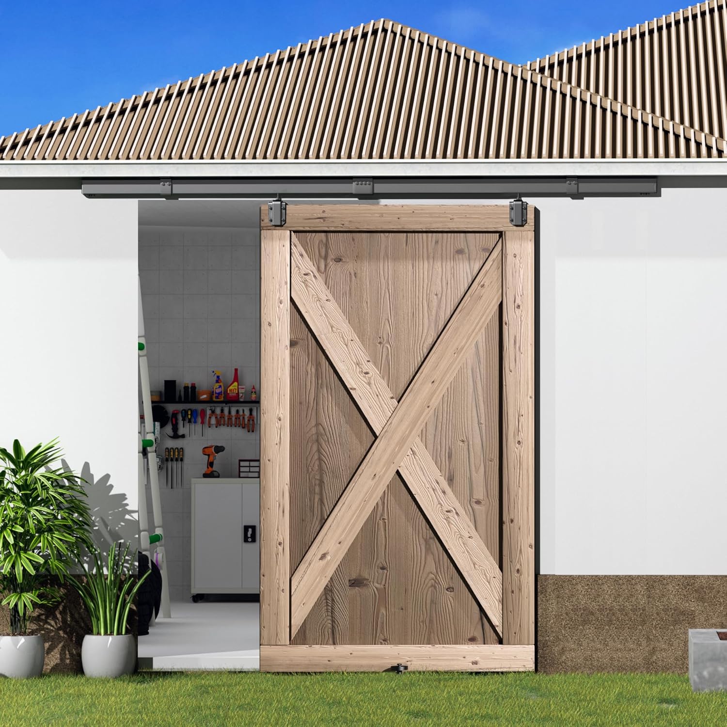 DIYHD 8FT Ceiling Mount Black Sliding Barn Door Hardware, Low Ceiling Compatible, Exterior Box Track Kit for Outdoor Use, Fits Max 48'' Wide, Supports Up to 330lbs