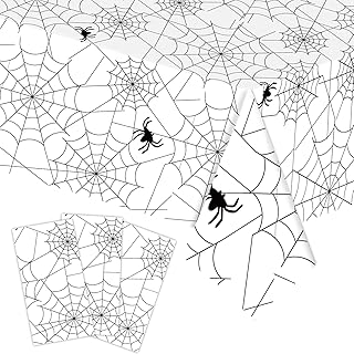 3-Piece 54 x 108 Inch Spider Web Plastic Tablecloth - Spiderweb with Spiders Designs, Disposable Rectangle Table Cover for Dining, Birthday, Halloween, Spooky Themed Decorations (White)