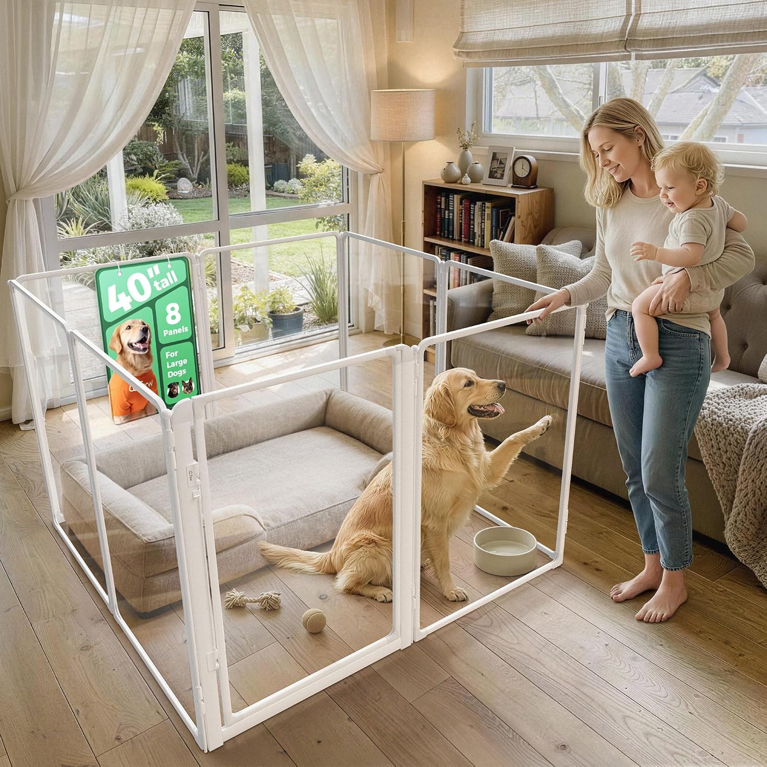 FXW AuraSpace Pro Acrylic Indoor Dog Playpen, Heavy-Duty with Metal Frame, 40" Height 8 Panels for Medium and Large Dogs, White│Patented