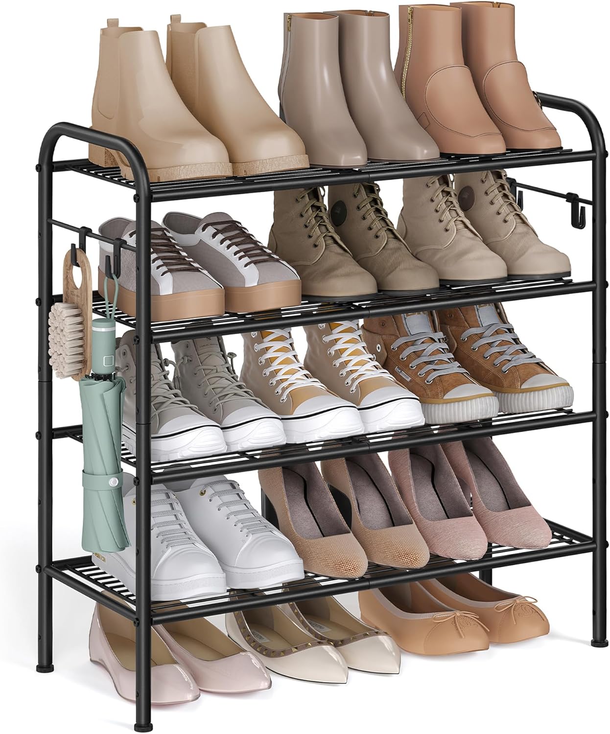 SONGMICS Shoe Rack, 4-Tier Shoe Organizer, Metal Shoe Shelf Storage with 4 Side Hooks, Holds 16 Pairs of Shoes, Height-Adjustable Shoe Rack for Entryway, Hallway, Closet, Easy Assembly, Ink Black