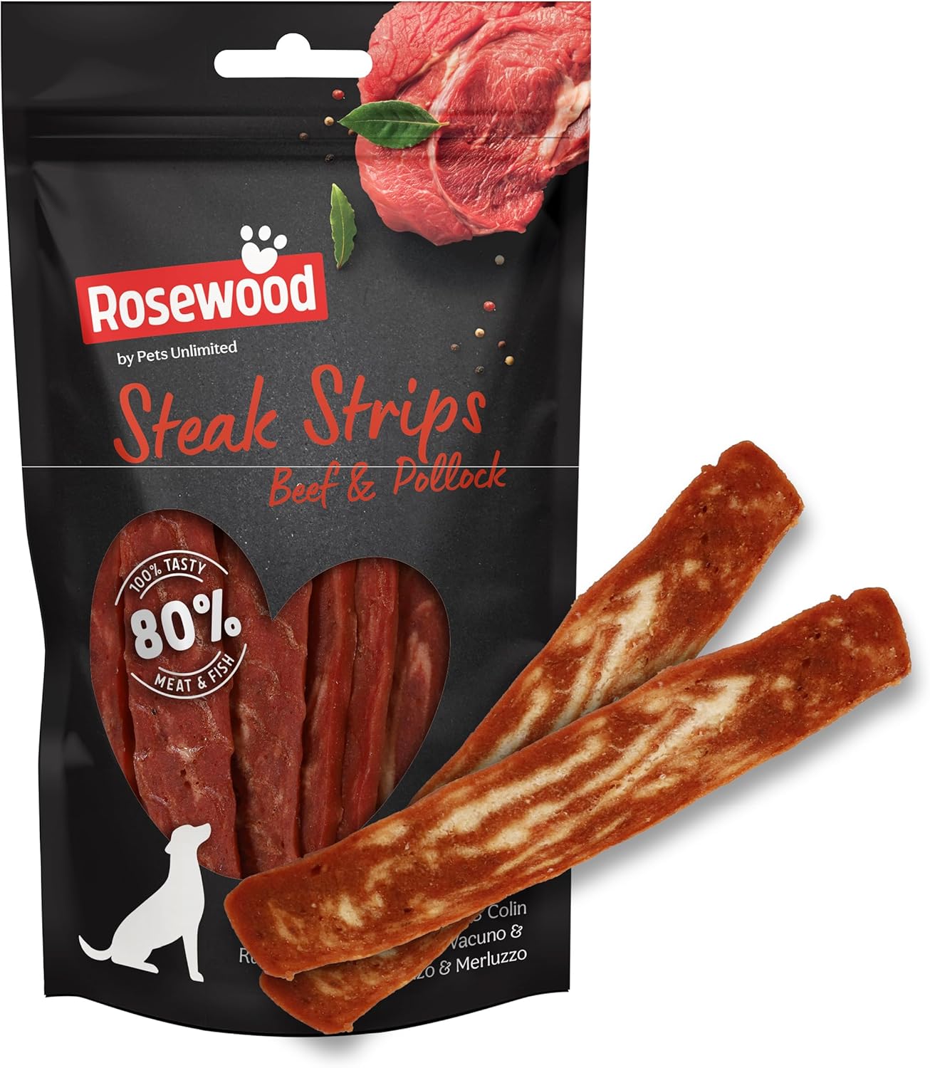 Rosewood Steak Strips for Dogs - Made with Beef and Pollock, Grain Free Chews, High Protein Dog Treats, By Pets Unlimited (100g)