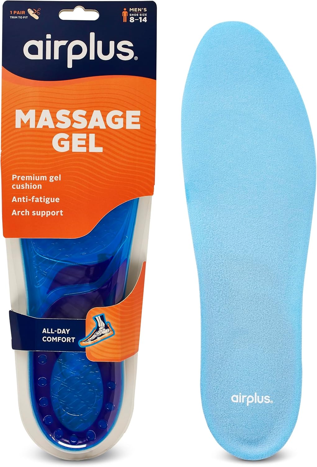 Airplus Super Gel Cushion Insole for Men’s Shoe Sizes, All-Day Comfort, Shock Absorption, Gel Zones, Full-Length Footbed, Trim-to-Fit for Casual, Athletic, Dress Shoes, and Work Boots