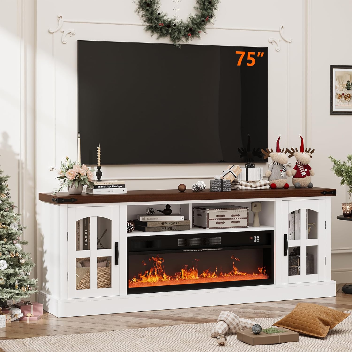 Fireplace TV Stand with 36" Fireplace Up to 80" TVs, 71" Electric Fireplace TV Stand, Entertainment Center with LED Lights,Remote Control,TV Media Console with Adjustable Shelves for Living Room，White