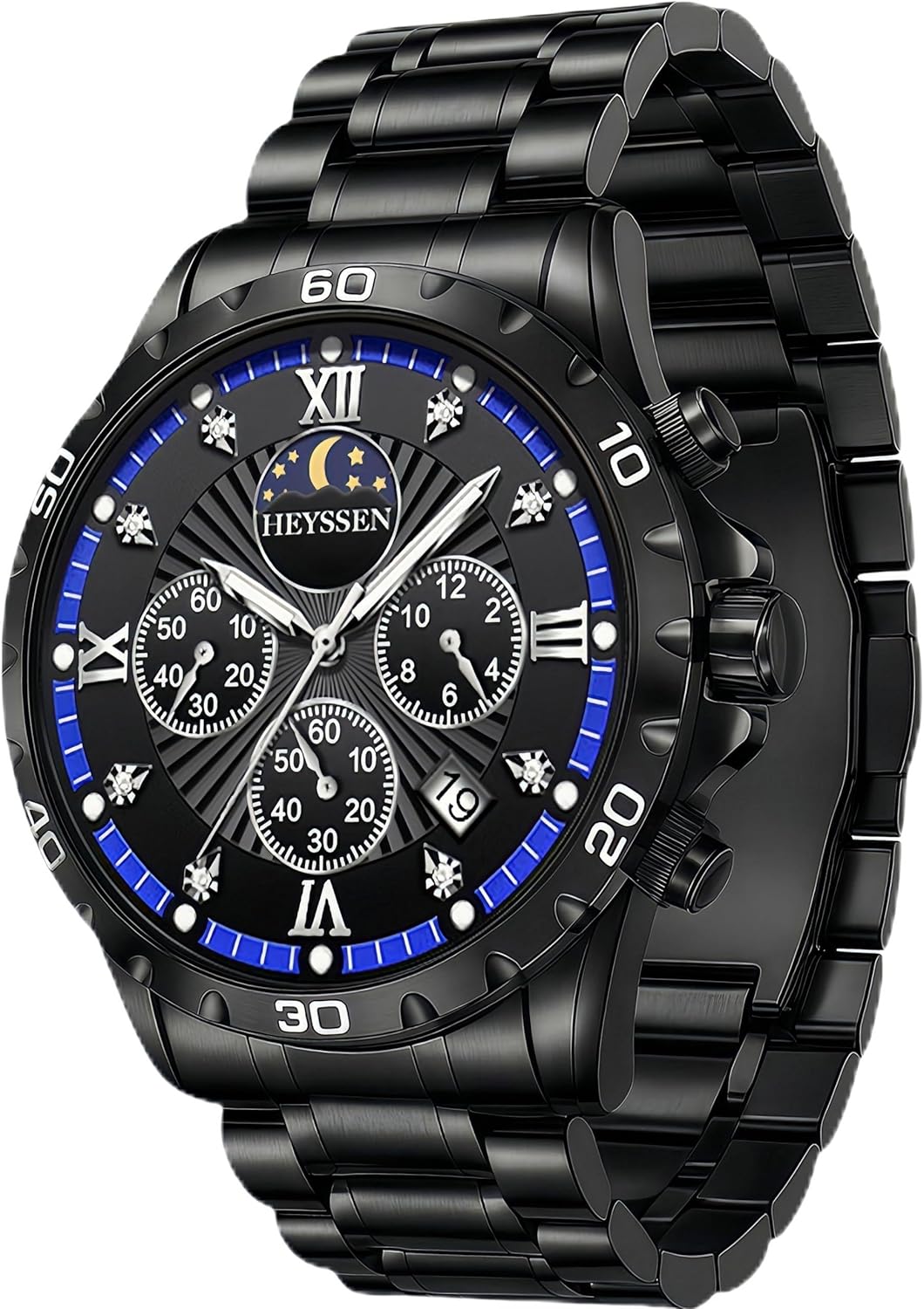 Watches for Men Stainless Steel: Dress Watch for Mens Quartz Analog Wrist Luxury Black Metal Tone Blue Dial Big Classic Diver Waterproof Chronograph Black Face Business Man Gift