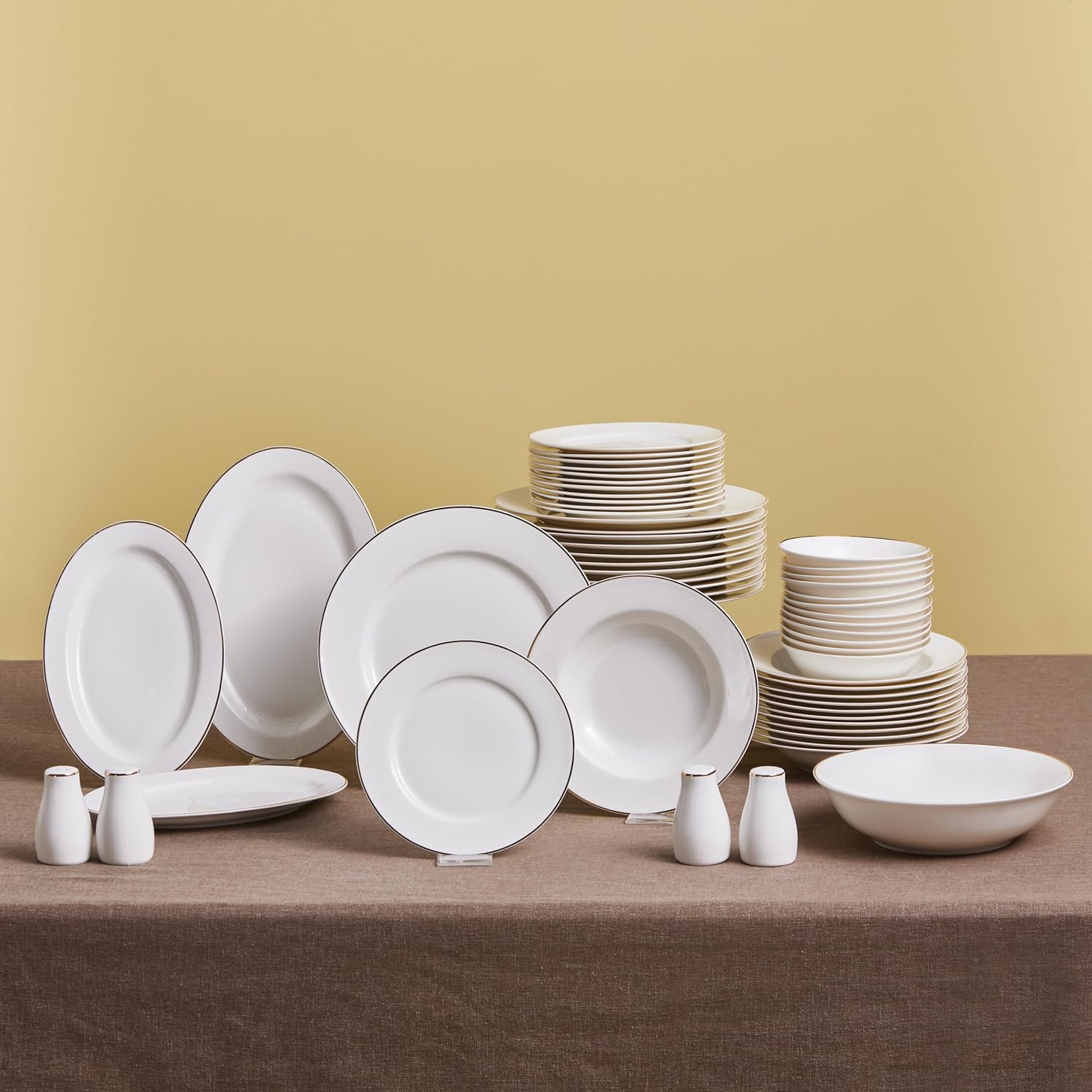 Karaca Lexi Gold Dinner Set for 12 People - 56 Piece Luxury Dinner Set with Gold Trim, Dinner Plates, Pasta Bowls, Side Plates, Cereal/Soup Bowls,Serving Platters, White Porcelain Dinnerware Sets