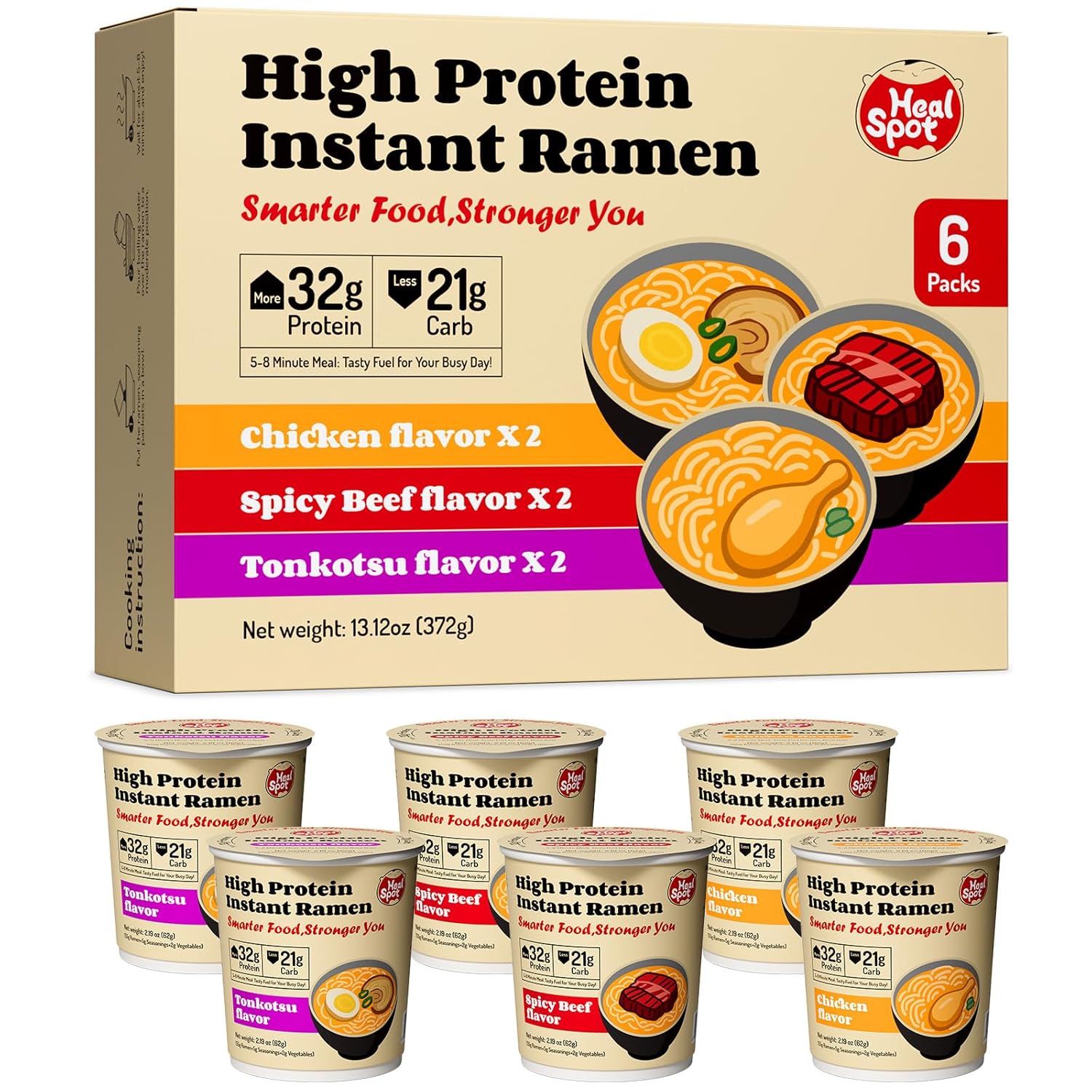 Healspot High Protein Instant Ramen Variety Pack, 6 Cups Non Fried Ramen Broth, 32g Plant-Based Protein, Low Fat, Low Carb, Non GMO, Keto Friendly & Plant Based (Chicken, Beef, Pork Tonkotsu）
