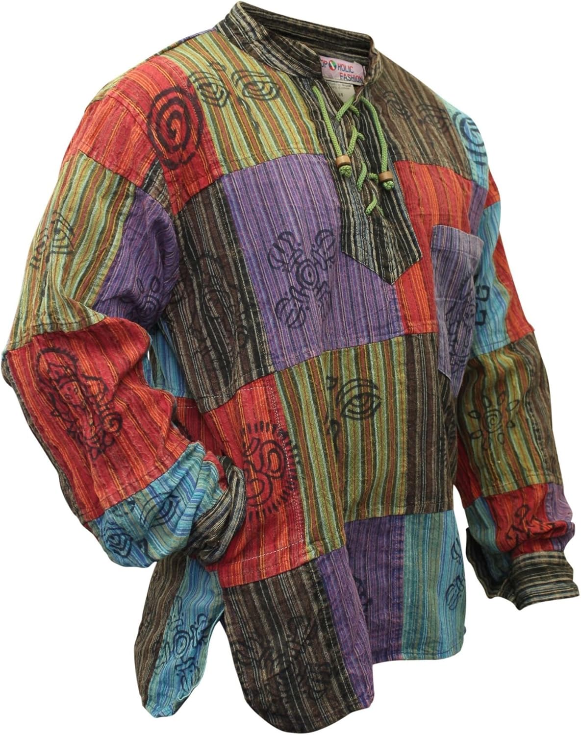 SHOPOHOLIC FASHION Menโs Stonewashed Blocked Criss Cross Neck Hippie Festival Grandad Shirt