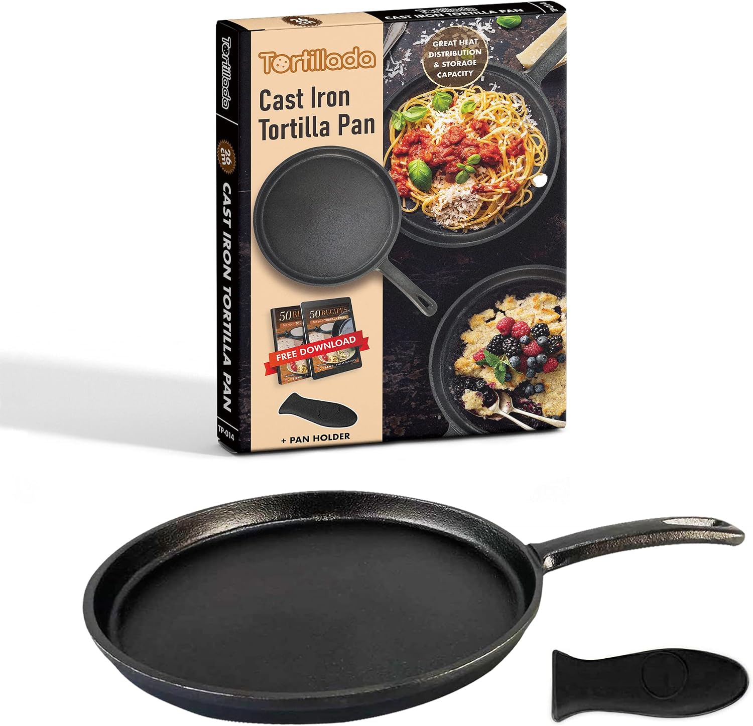 Tortillada – 26cm Pre Seasoned Cast Iron Griddle/Pan + Hot Handle Holder