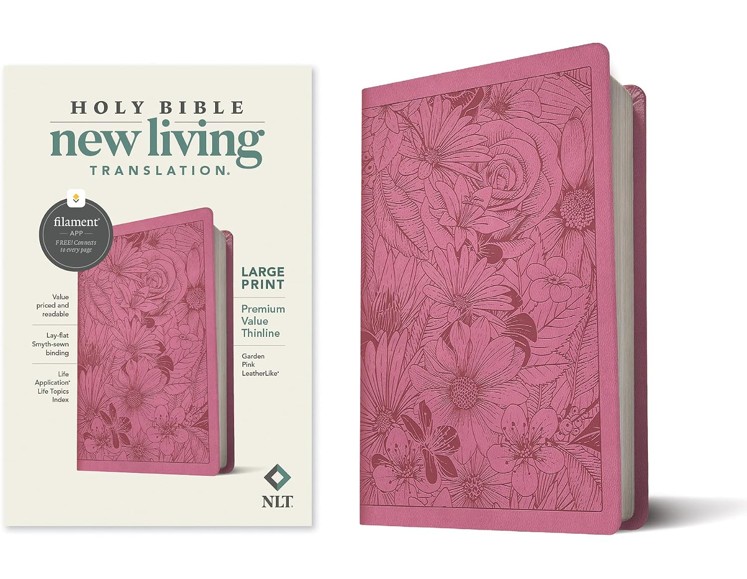 NLT Large Print Premium Value Thinline Bible, Filament Enabled (LeatherLike, Garden Pink)