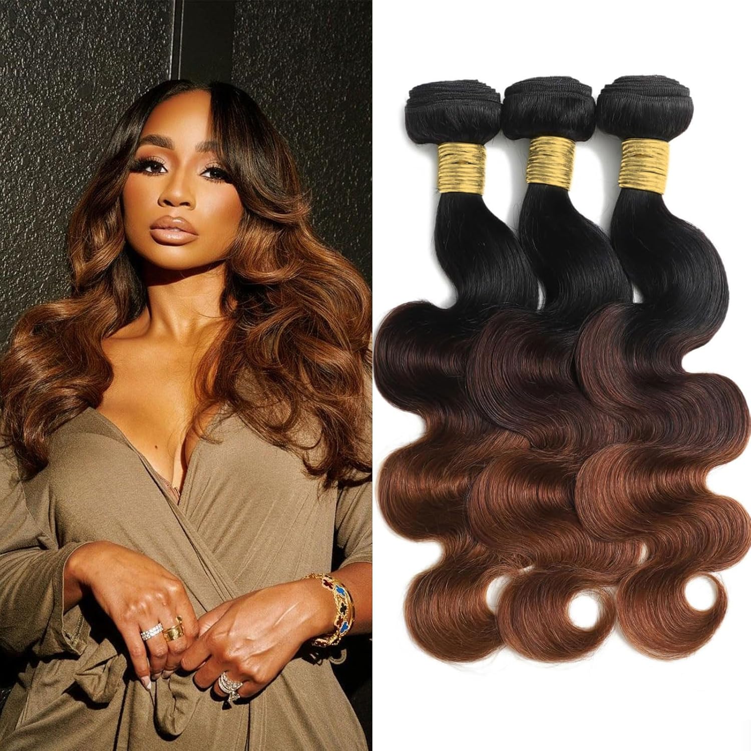 T1B/2/30 Chestnut Brown Ombre Human Hair Bundles Body Wave 100% Real Virgin Human Hair Bundles Dark Roots Bundle 3 Tone Ombre Medium Auburn Colored Sew in Quick Weaves 16 18 20 Inch
